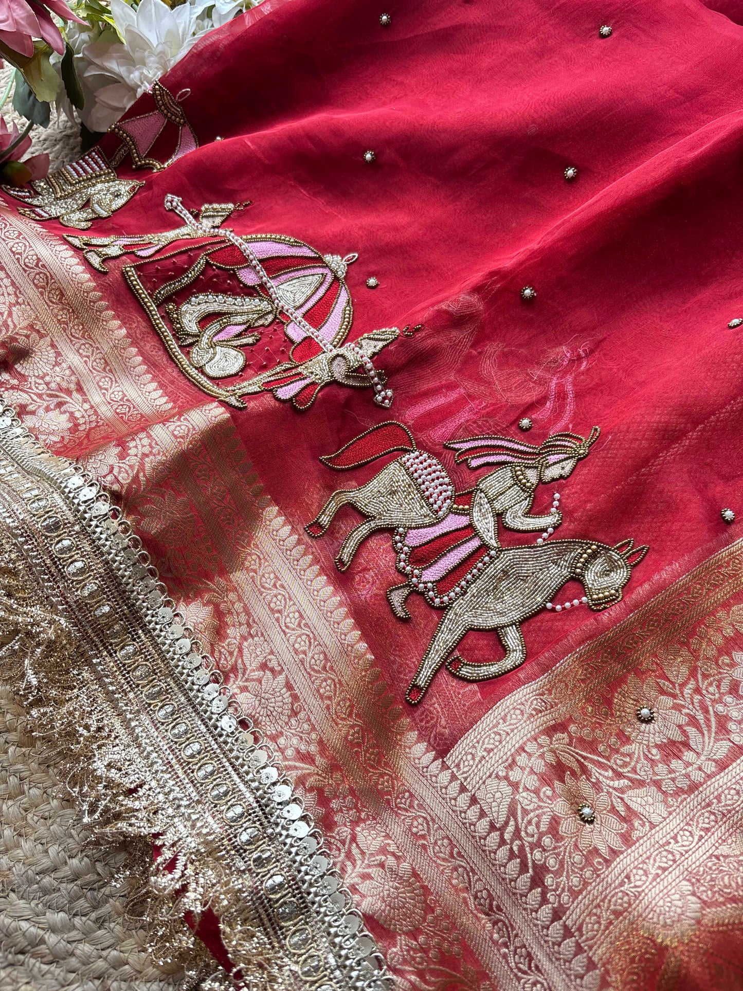 Red Baraat Ghar Hand Embroidered Saree with Horse & Carriage Motifs