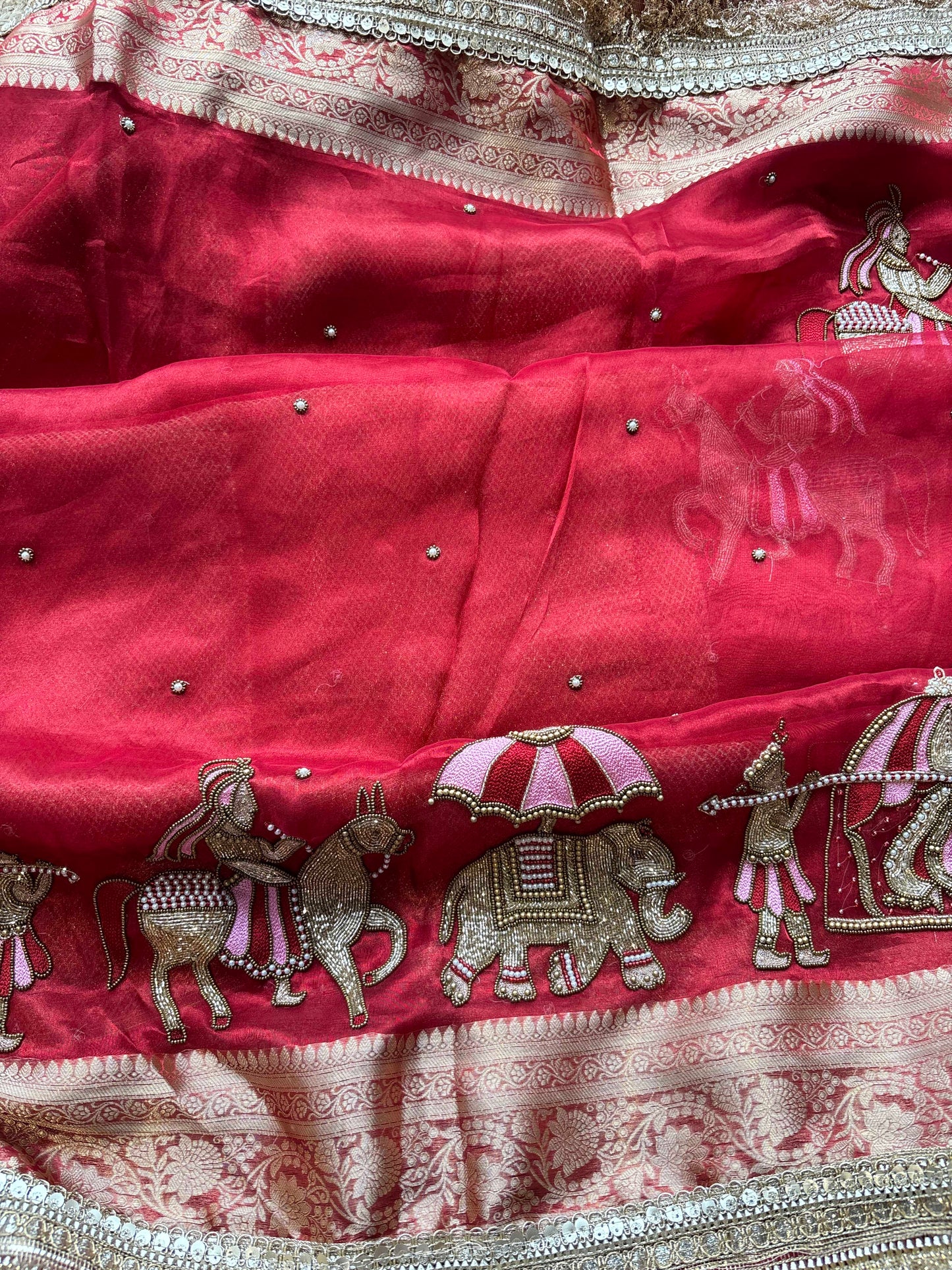 Red Baraat Ghar Hand Embroidered Saree with Horse & Carriage Motifs