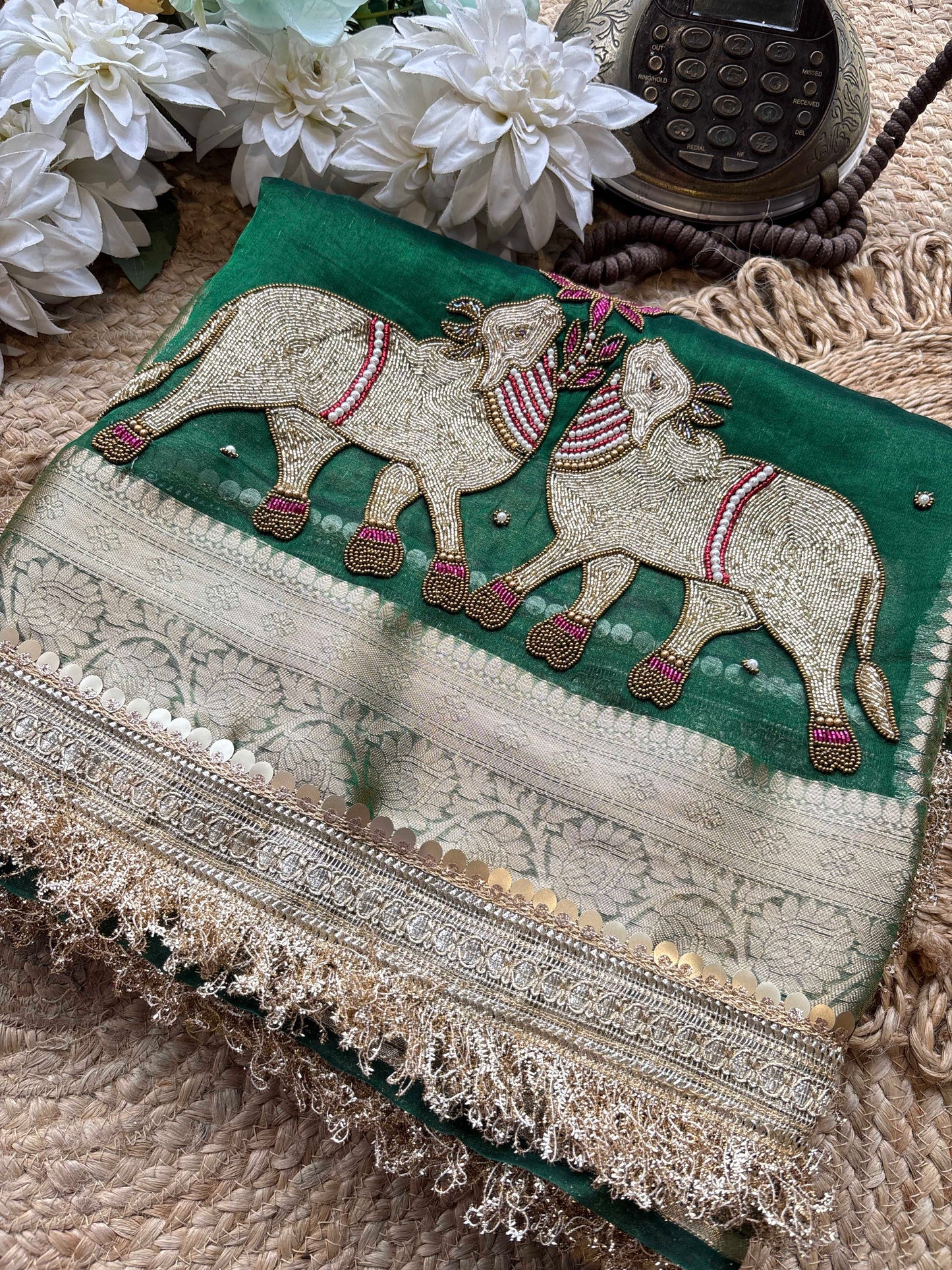 Green Royal Nandi Motif Saree with Hand Embroidery & Gold Border