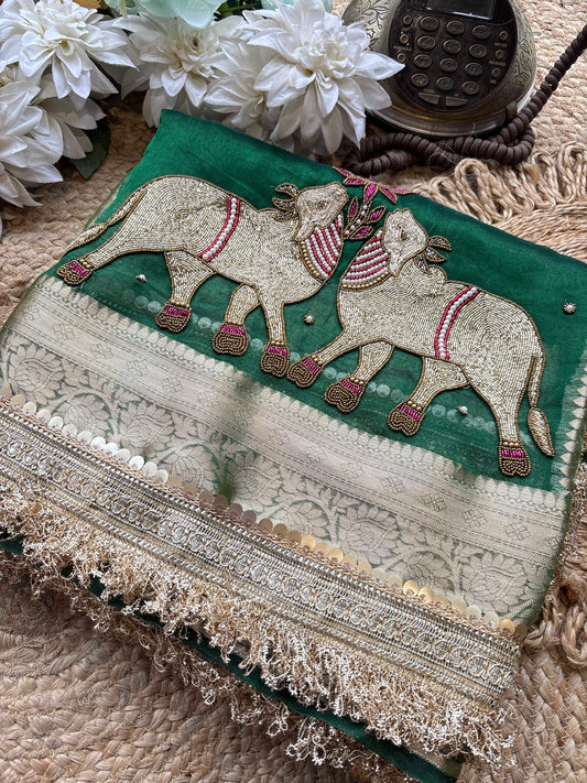 Green Royal Nandi Motif Saree with Hand Embroidery & Gold Border