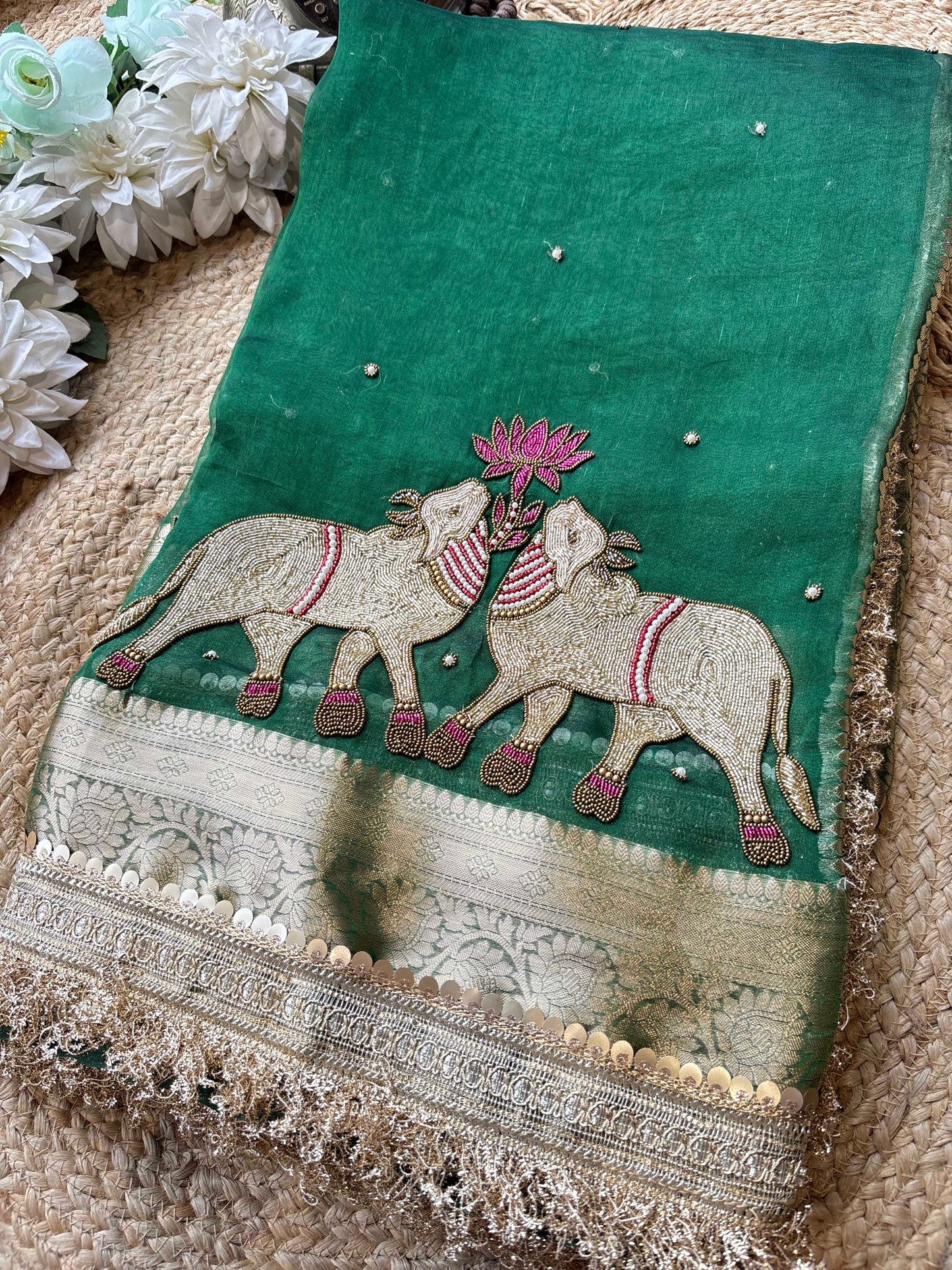 Green Royal Nandi Motif Saree with Hand Embroidery & Gold Border