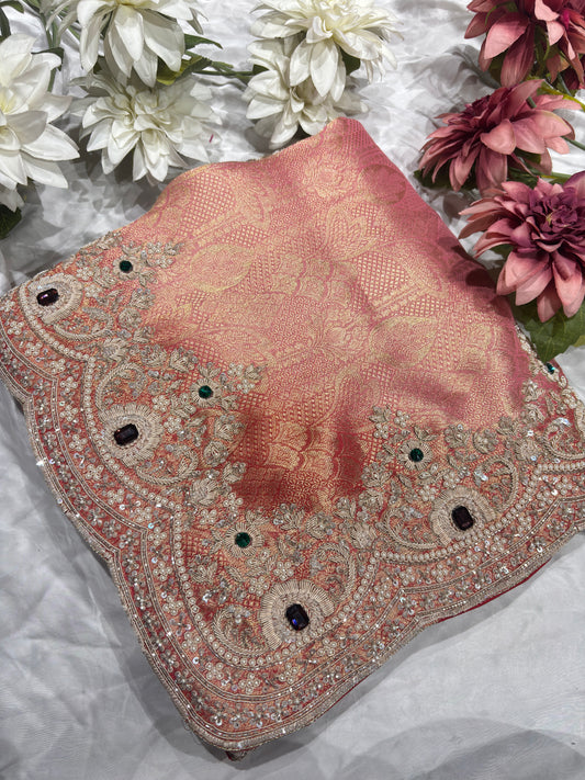 Peach Pink Kanchipuram Silk Saree with Heavy Embroidered Stone Work Border