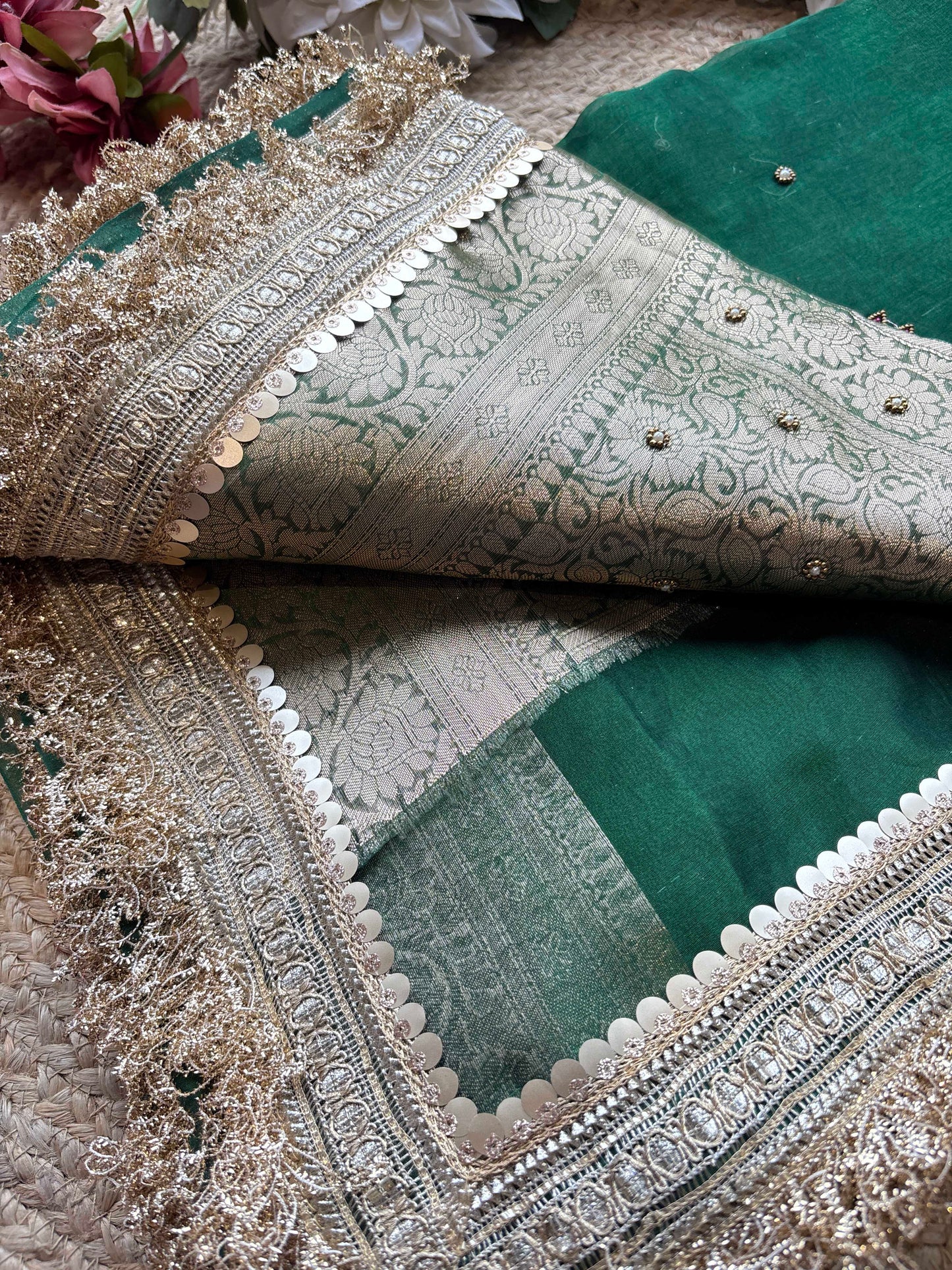 Green Royal Nandi Motif Saree with Hand Embroidery & Gold Border