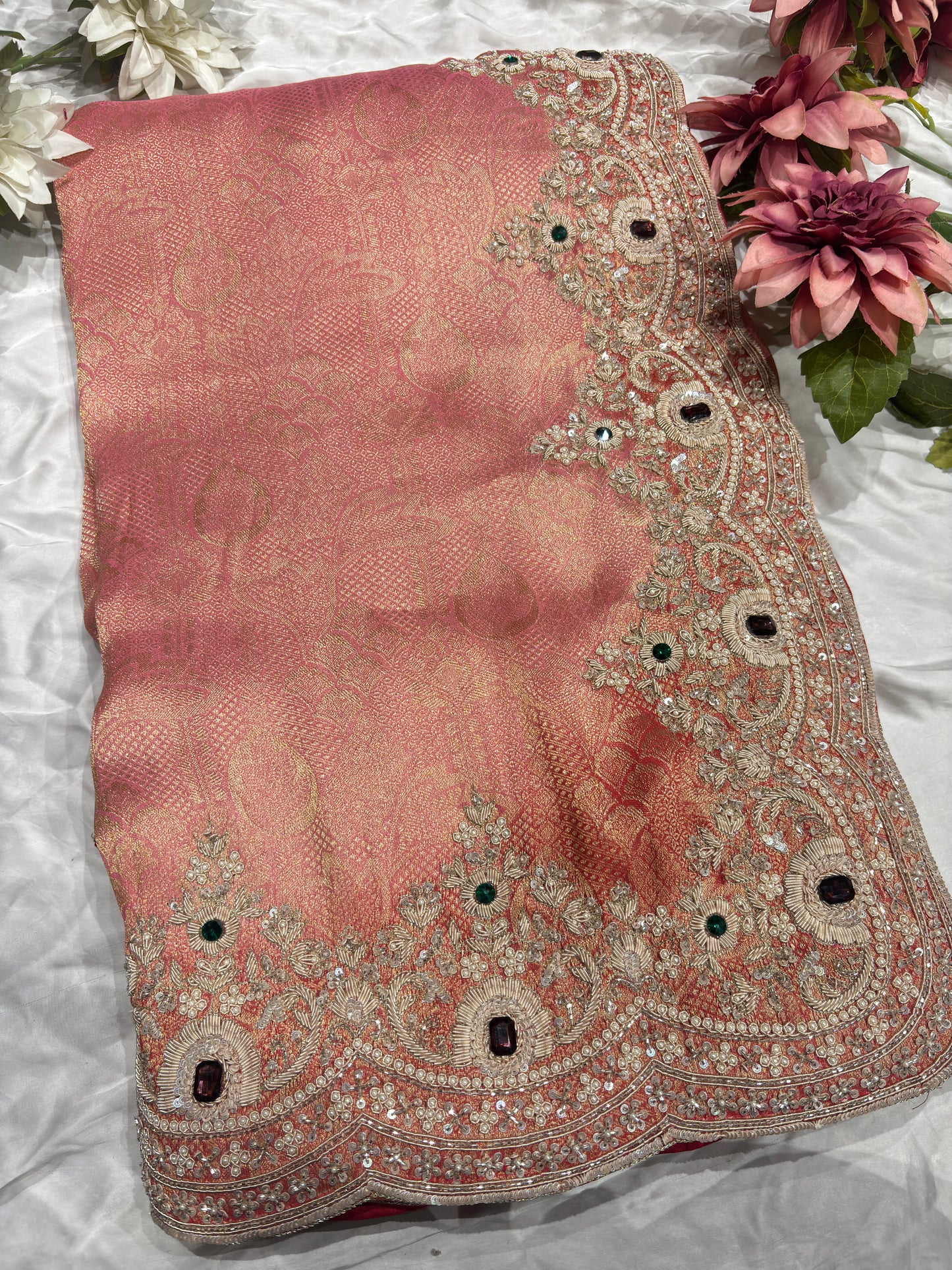 Peach Pink Kanchipuram Silk Saree with Heavy Embroidered Stone Work Border