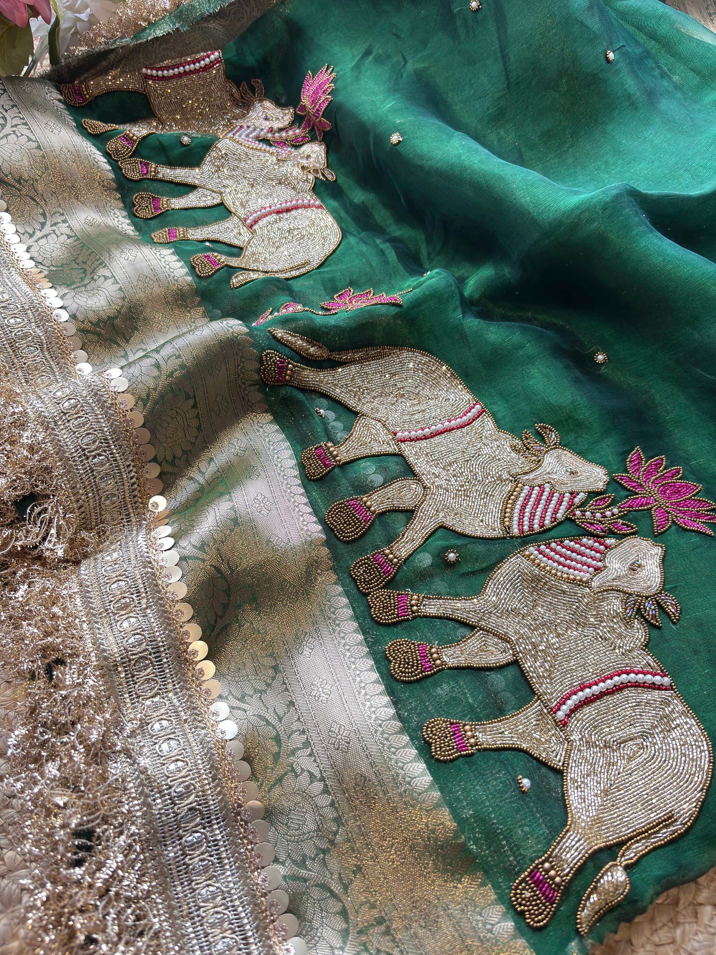 Green Royal Nandi Motif Saree with Hand Embroidery & Gold Border