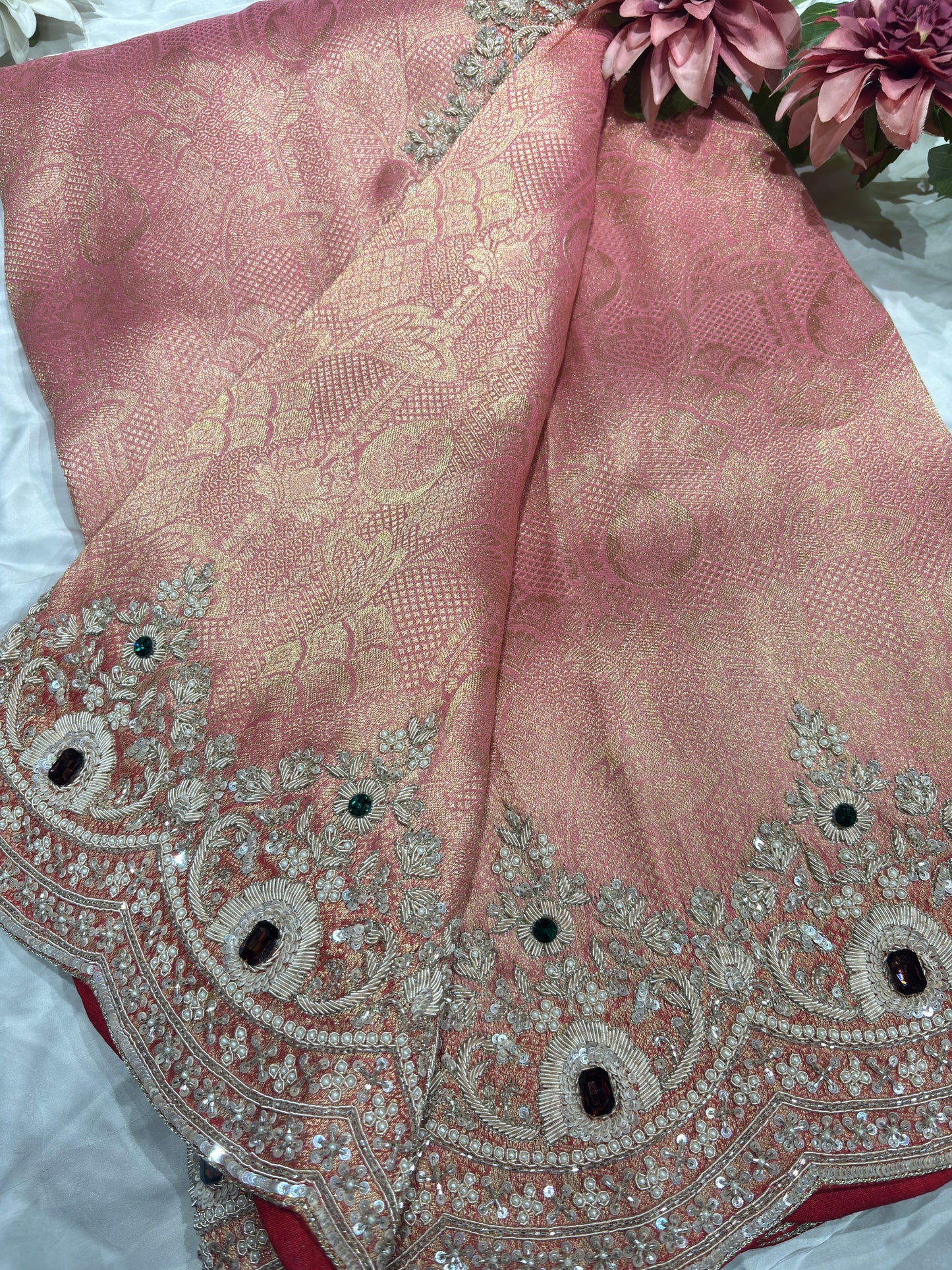 Peach Pink Kanchipuram Silk Saree with Heavy Embroidered Stone Work Border