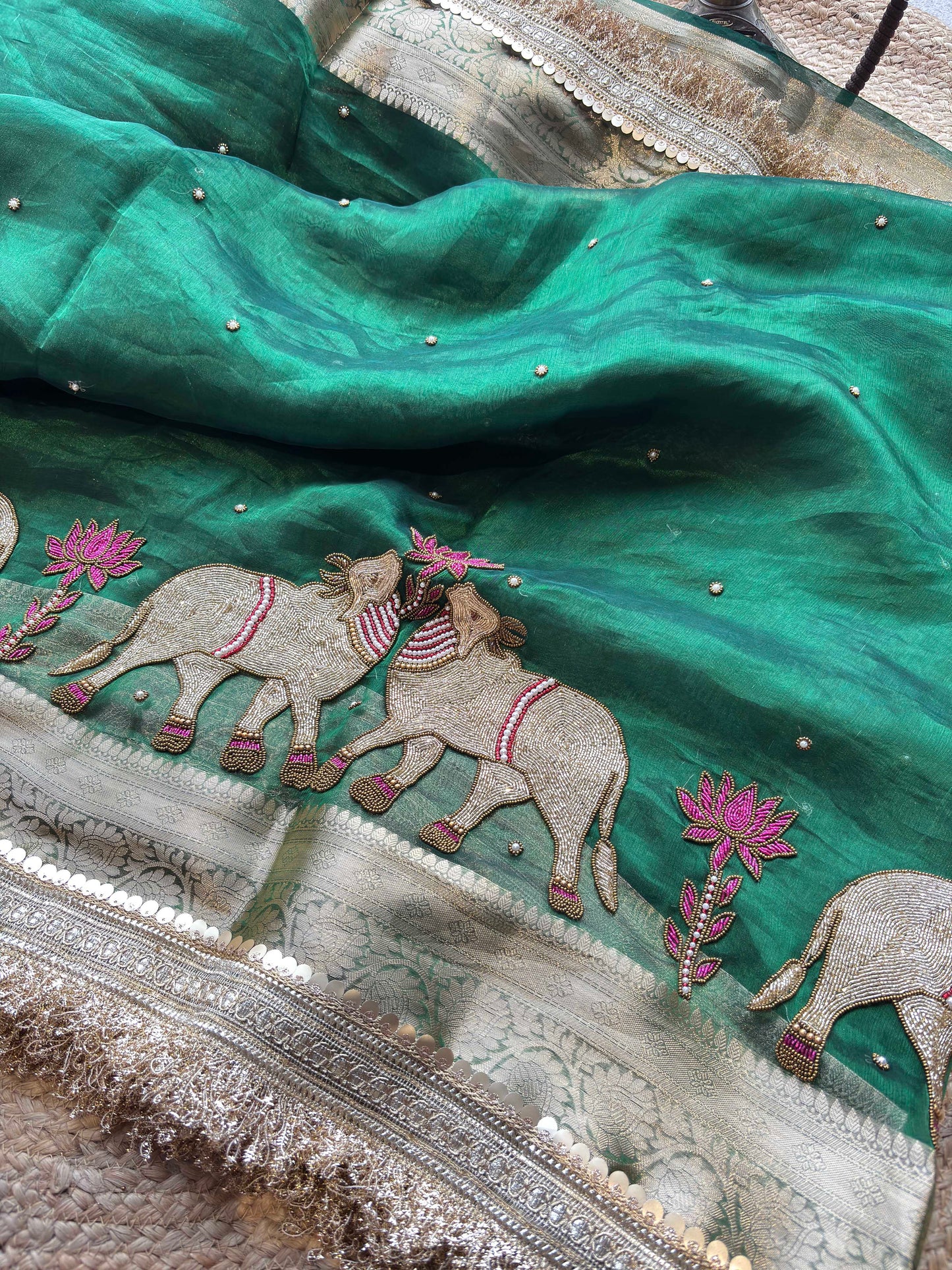 Green Royal Nandi Motif Saree with Hand Embroidery & Gold Border