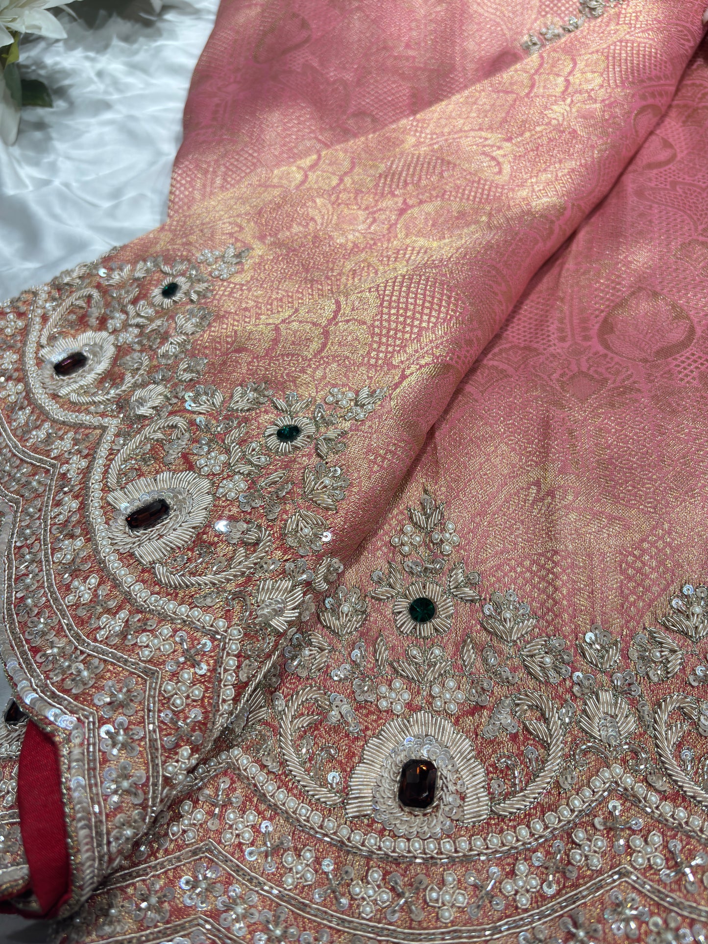 Peach Pink Kanchipuram Silk Saree with Heavy Embroidered Stone Work Border