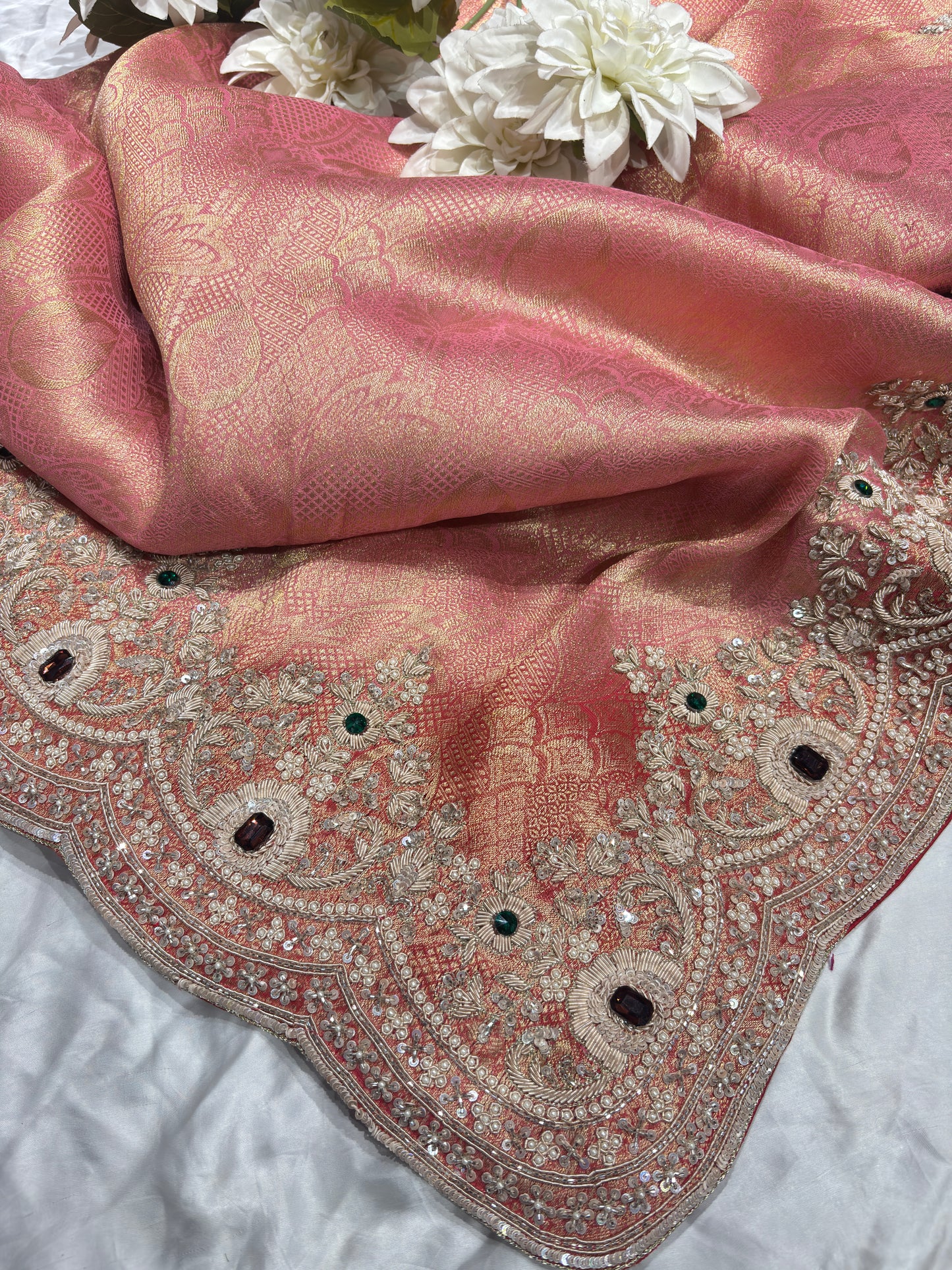 Peach Pink Kanchipuram Silk Saree with Heavy Embroidered Stone Work Border