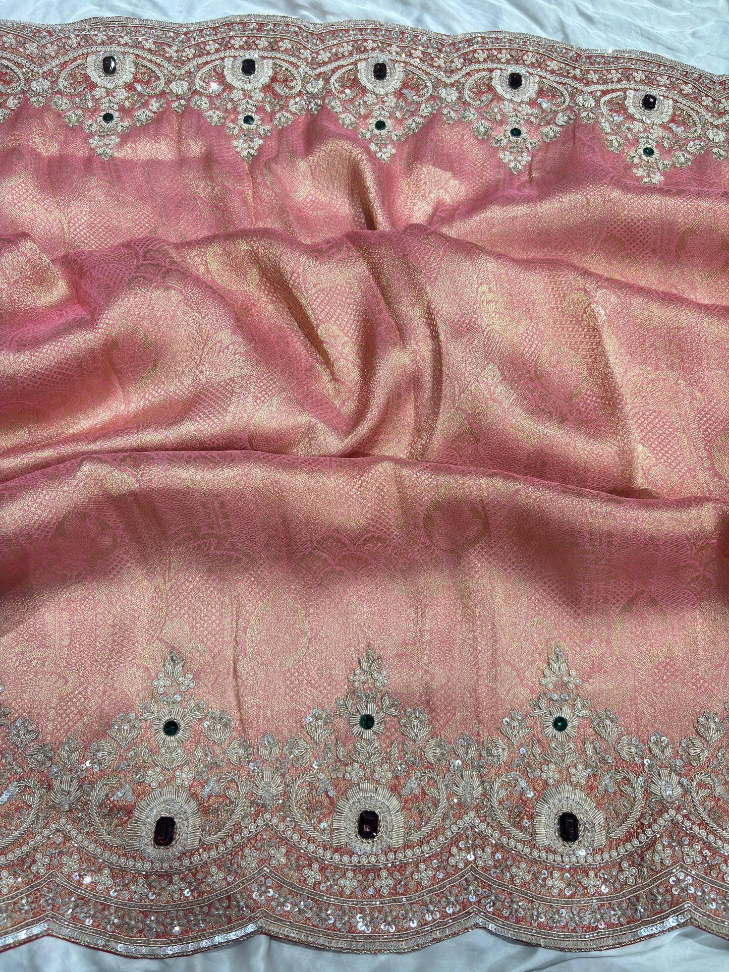 Peach Pink Kanchipuram Silk Saree with Heavy Embroidered Stone Work Border