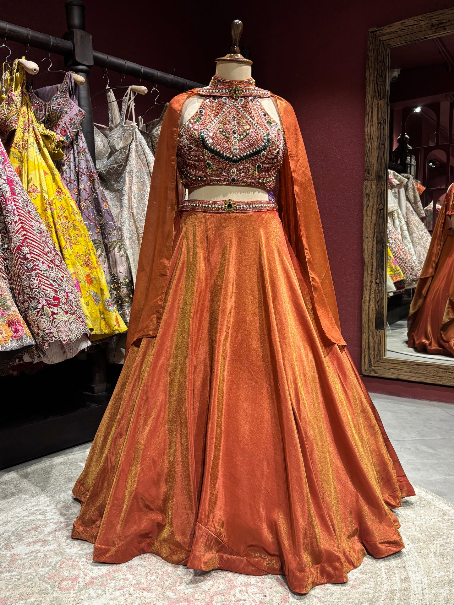 Rust Orange Lehenga Choli with Heavy Embroidered Blouse & Dupatta