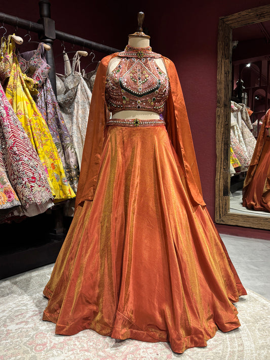 Rust Orange Lehenga Choli with Heavy Embroidered Blouse & Dupatta