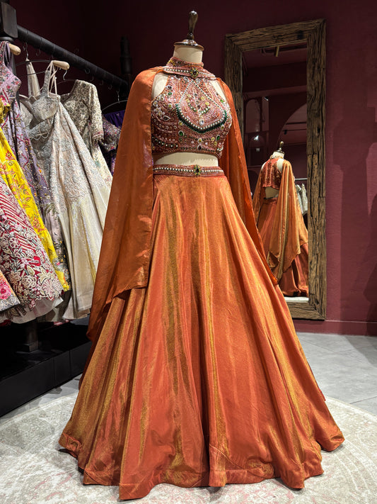 Rust Orange Lehenga Choli with Heavy Embroidered Blouse & Dupatta
