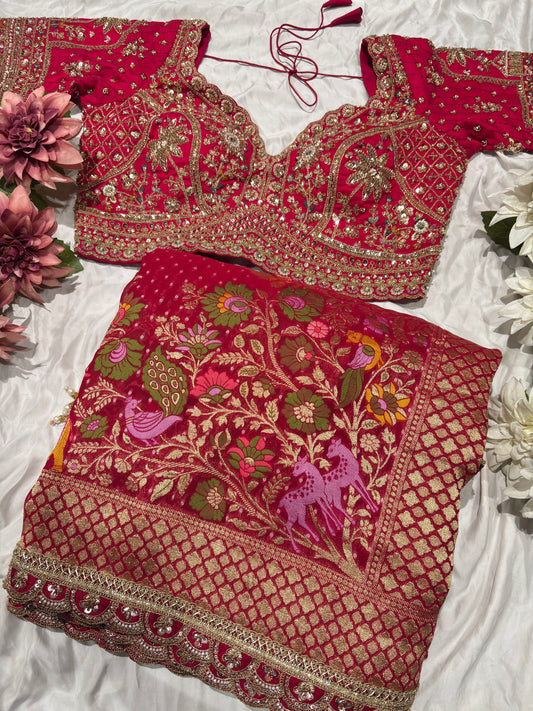 Majestic Red Bridal Saree with Golden Embroidery
