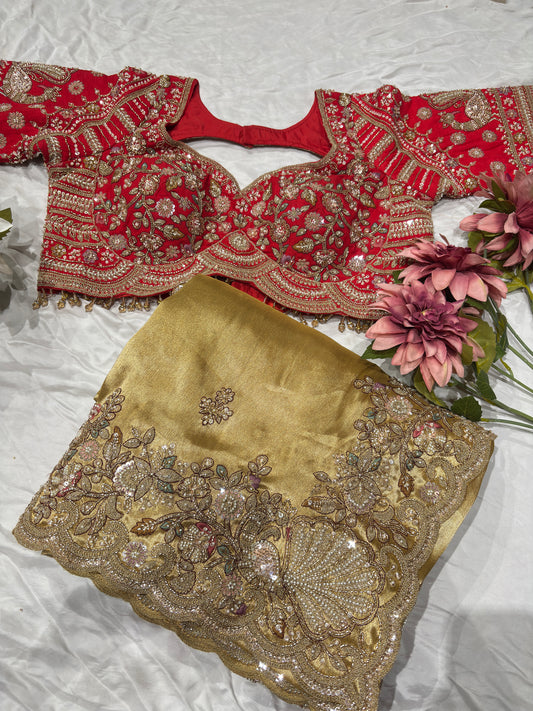 Luxury Red Bhandhej Saree with Heavy Zari & Bridal Blouse With Dupatta