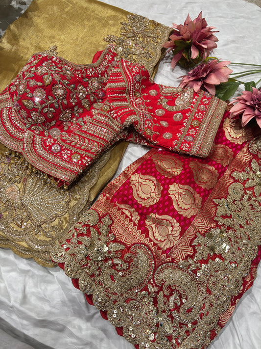 Luxury Red Bhandhej Saree with Heavy Zari & Bridal Blouse With Dupatta