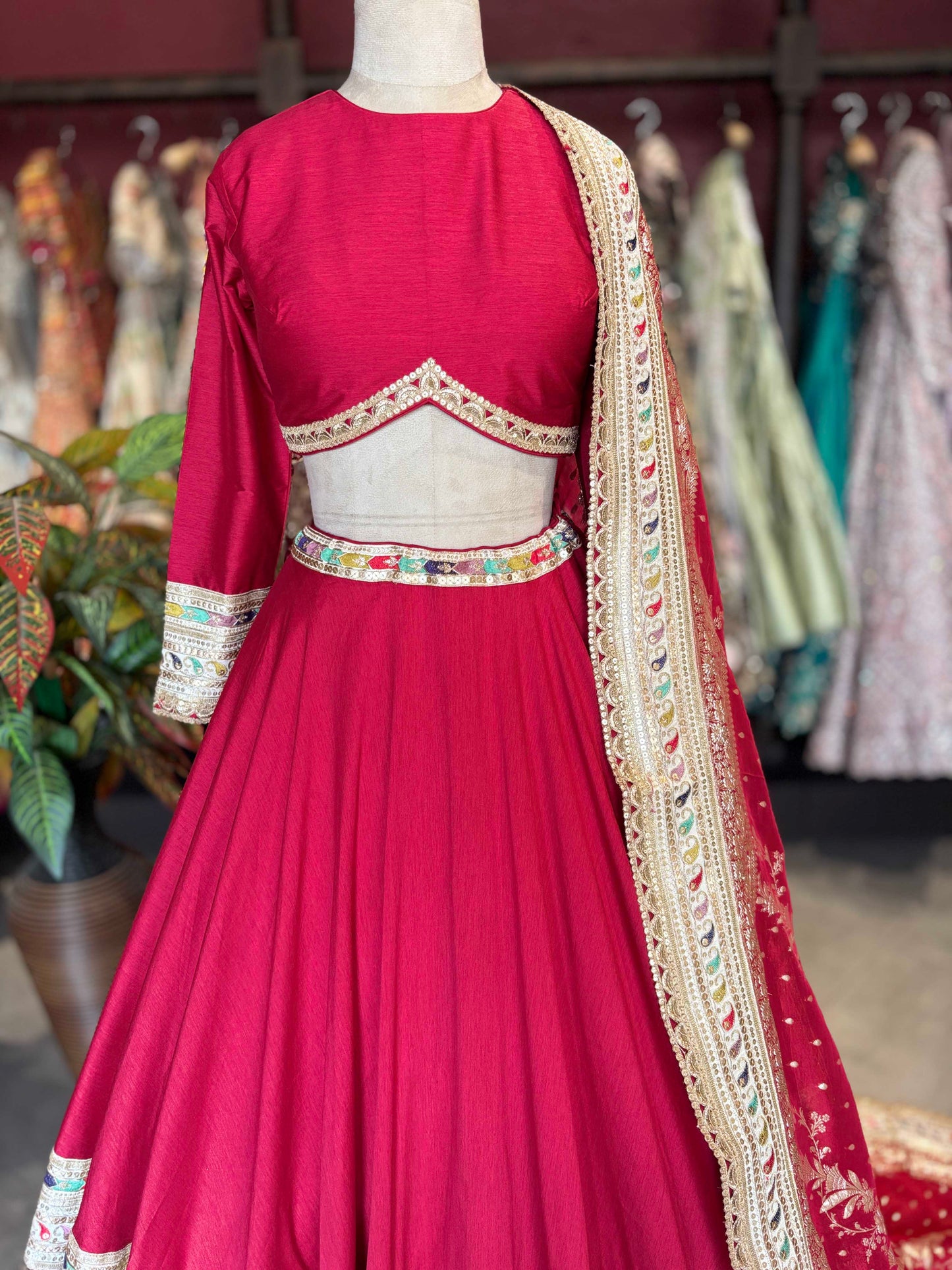 Designer Inspired Red Silk Multicolor Embroidered Lehenga Set