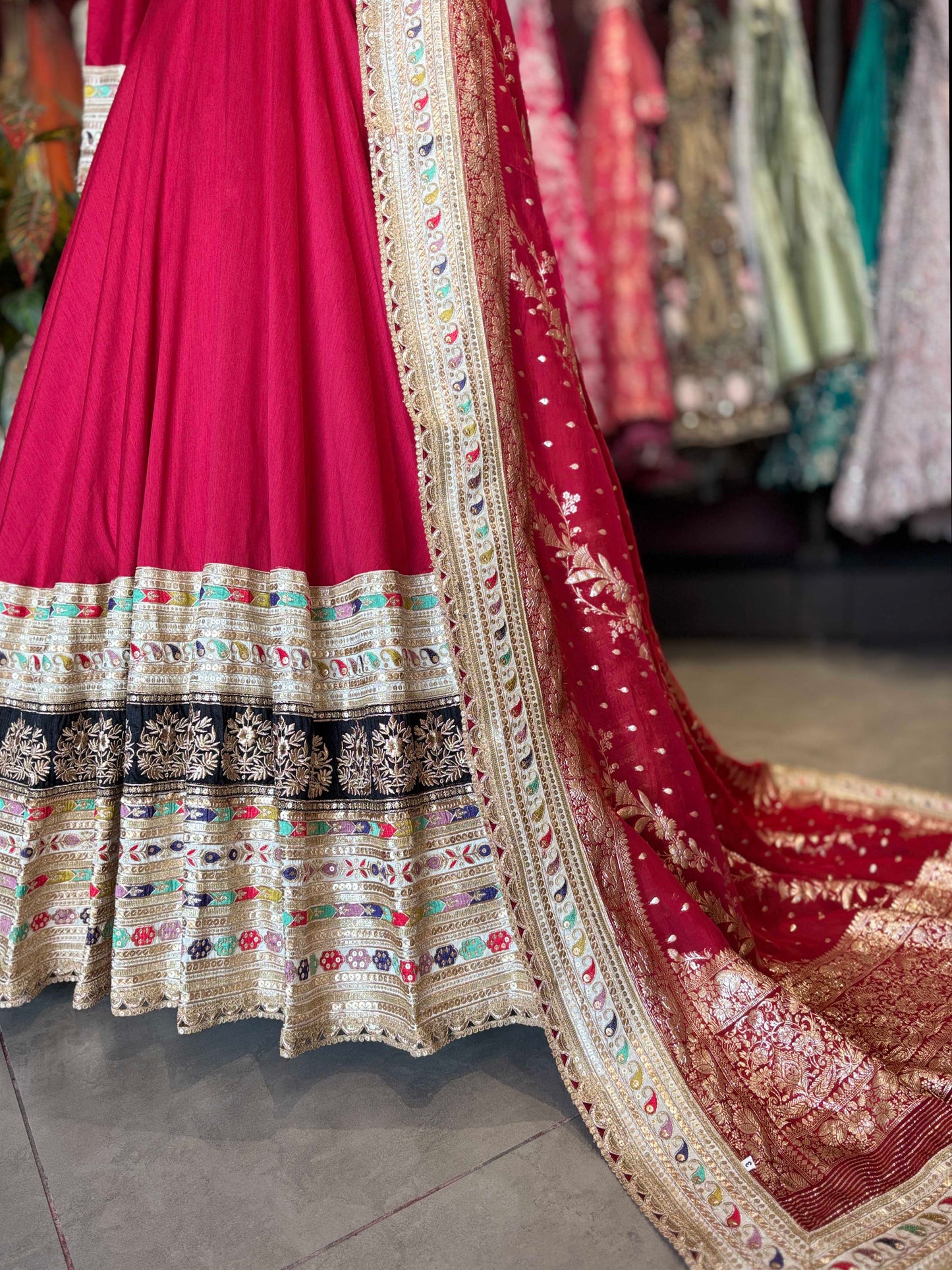 Designer Inspired Red Silk Multicolor Embroidered Lehenga Set