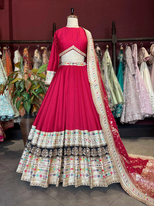 Designer Inspired Red Silk Multicolor Embroidered Lehenga Set