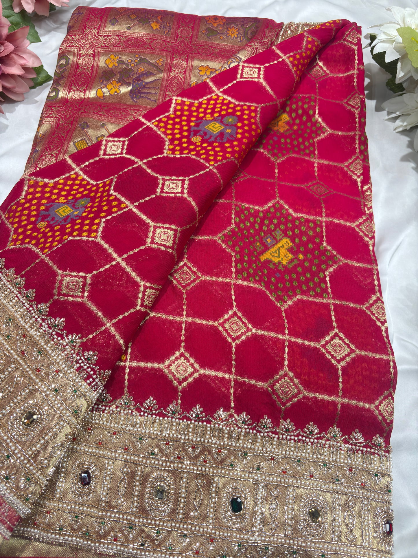Opulent Rani Saree with Geometric Gold Motifs