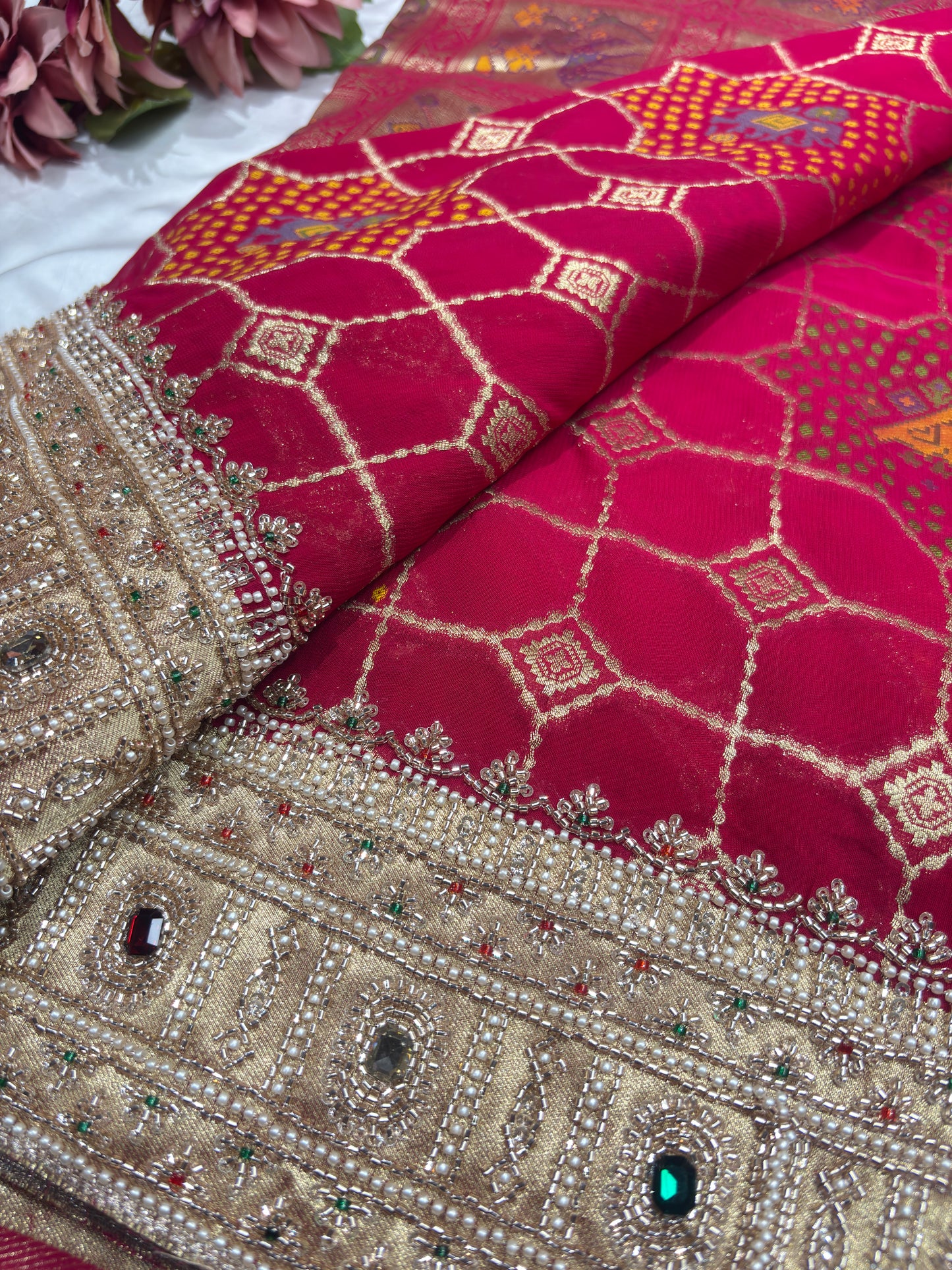 Opulent Rani Saree with Geometric Gold Motifs