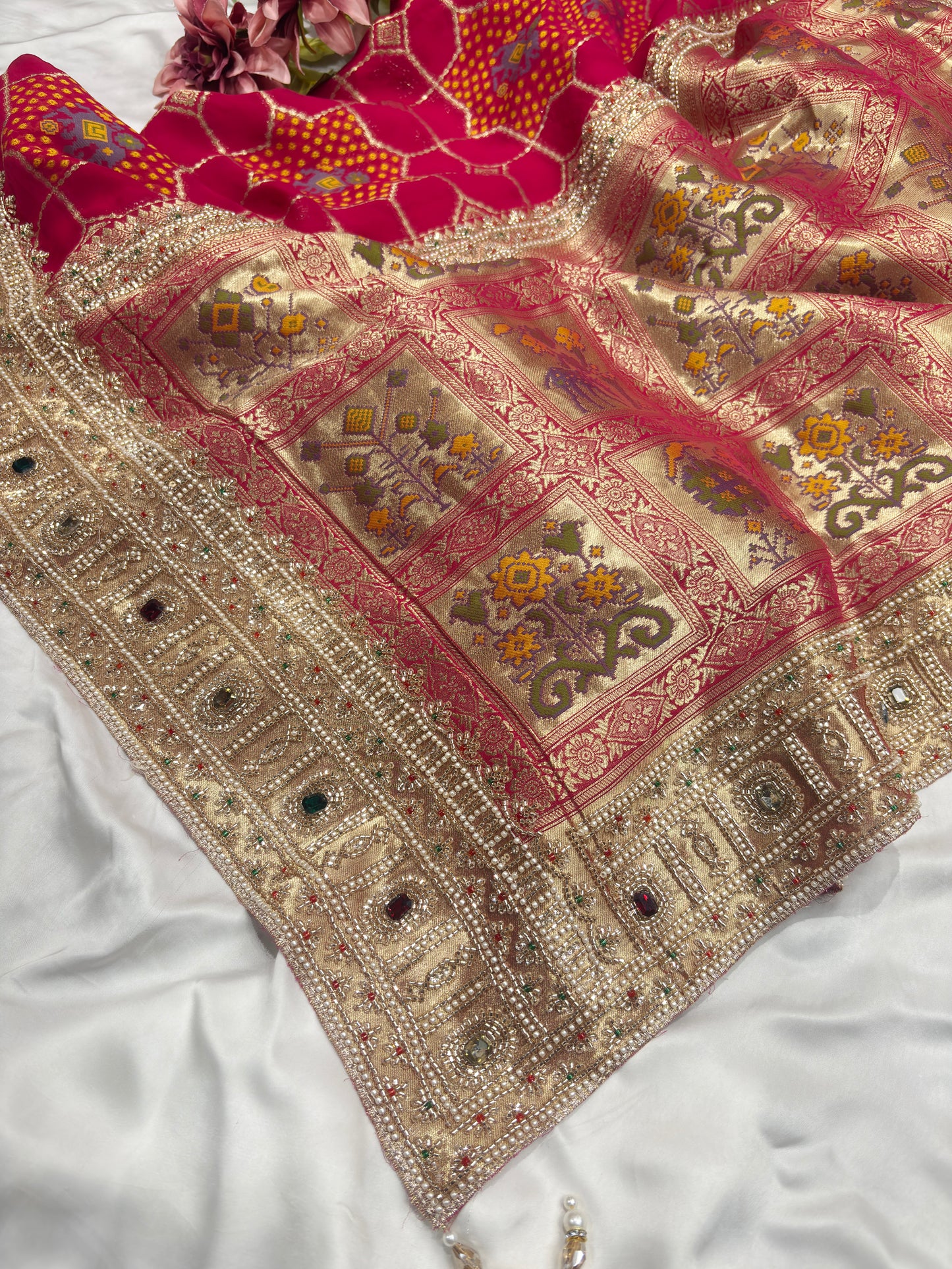 Opulent Rani Saree with Geometric Gold Motifs