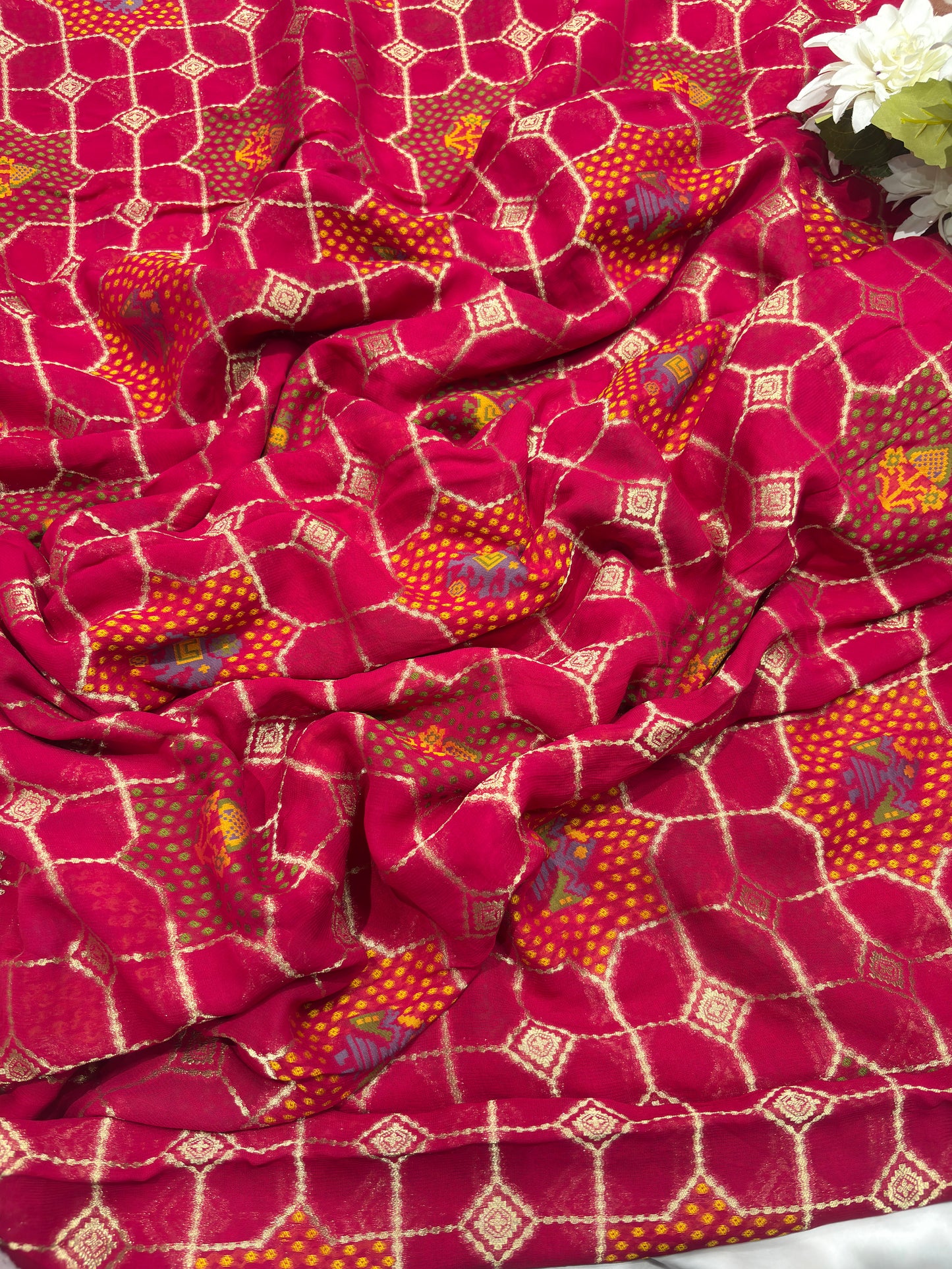 Opulent Rani Saree with Geometric Gold Motifs