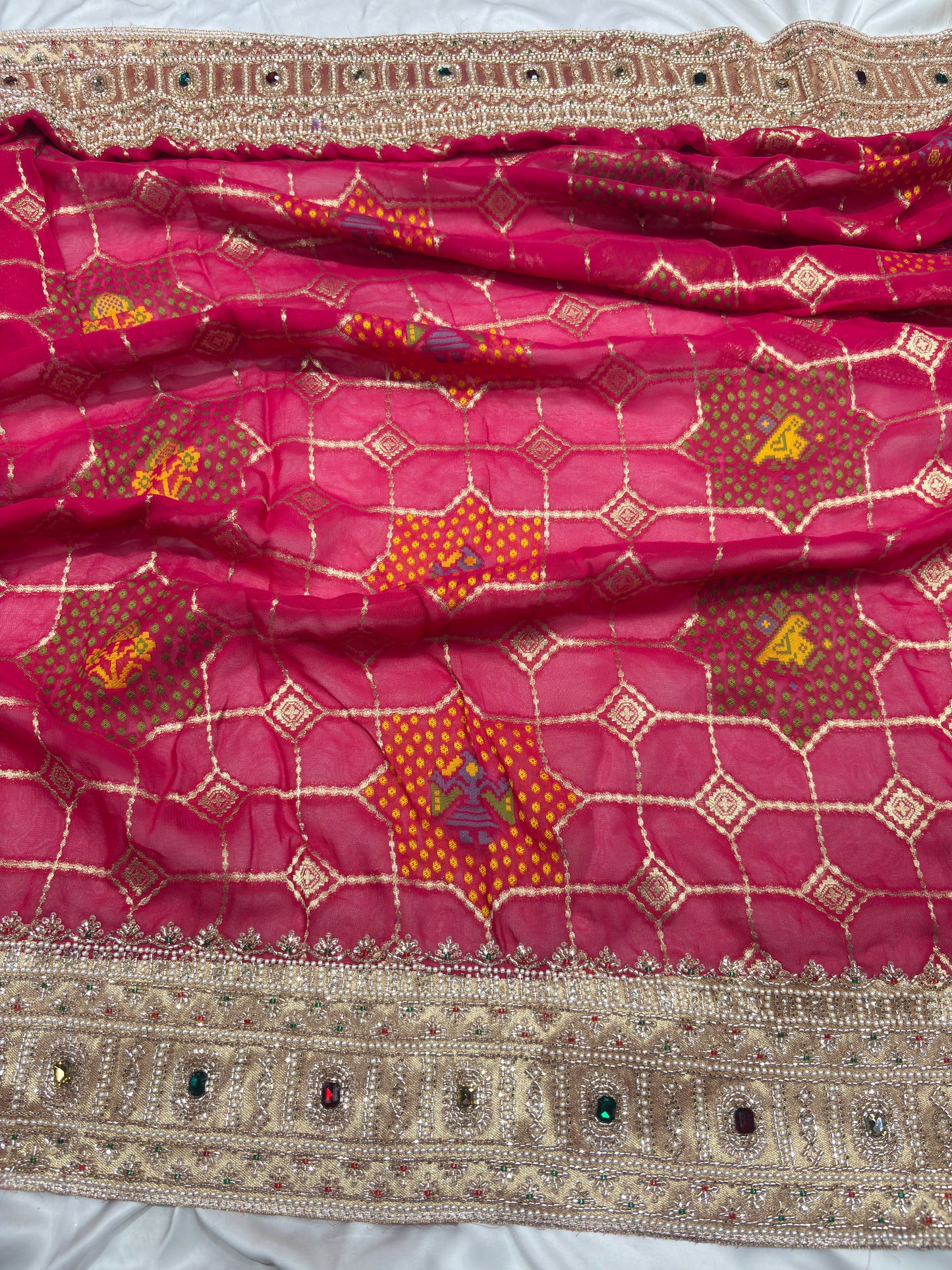Opulent Rani Saree with Geometric Gold Motifs