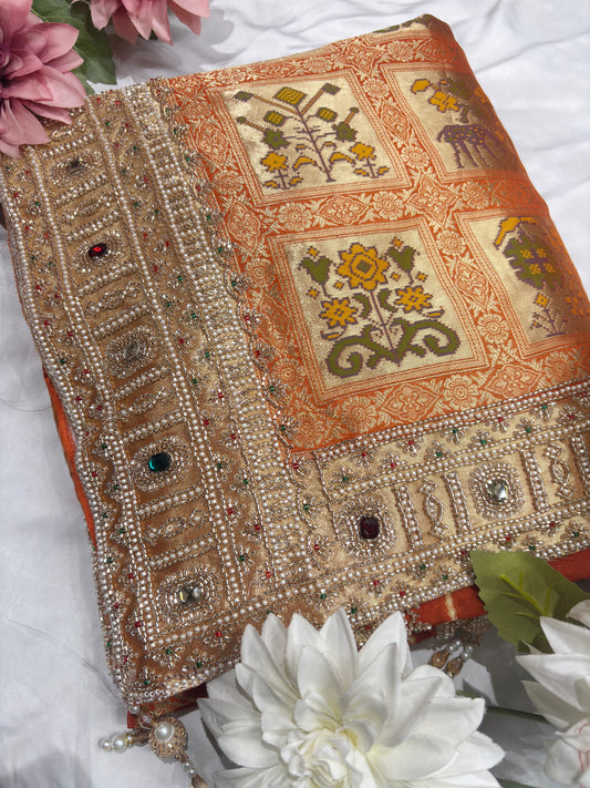 Grand Radiant Orange Saree with Gemstone Border