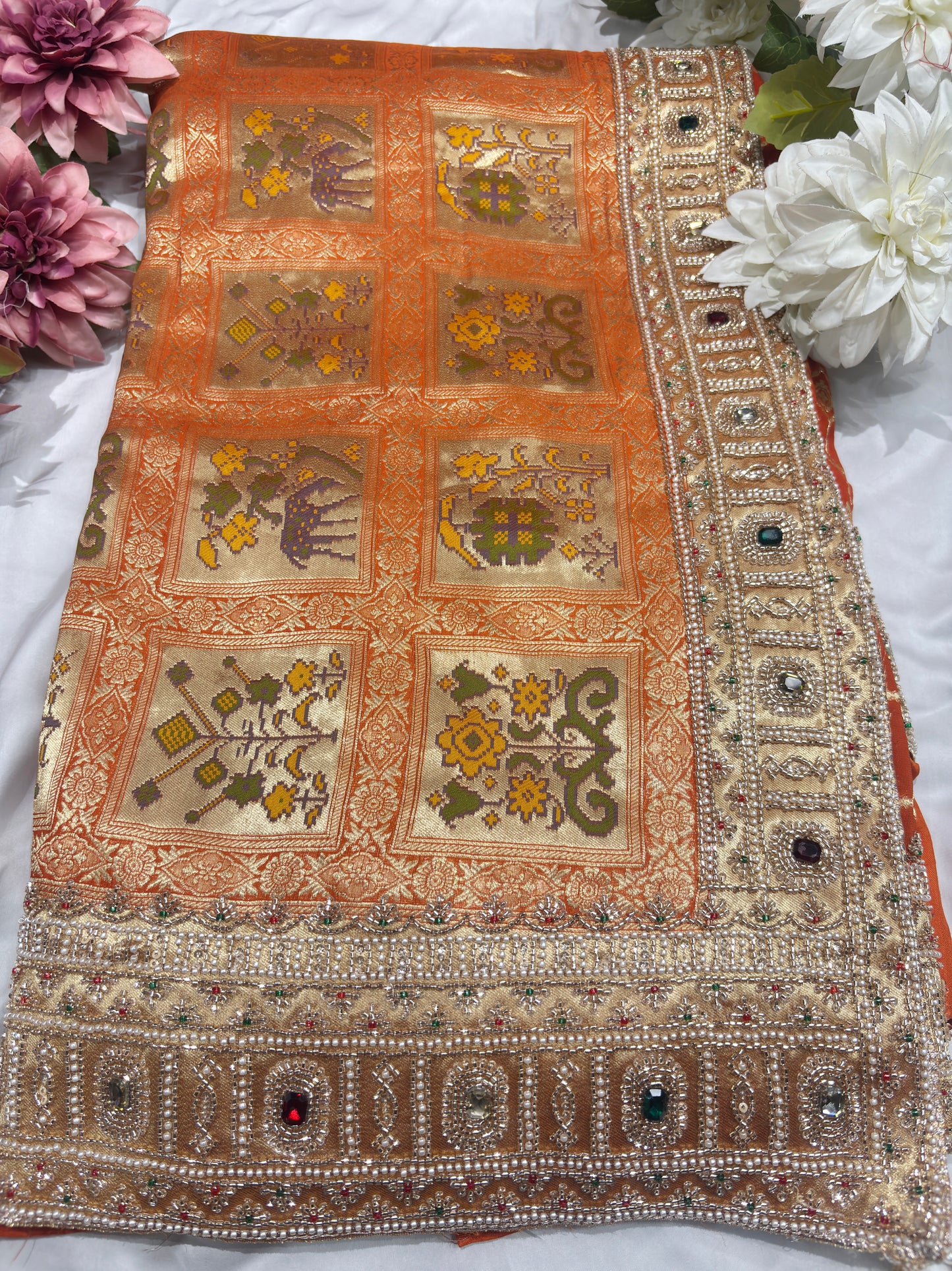 Grand Radiant Orange Saree with Gemstone Border