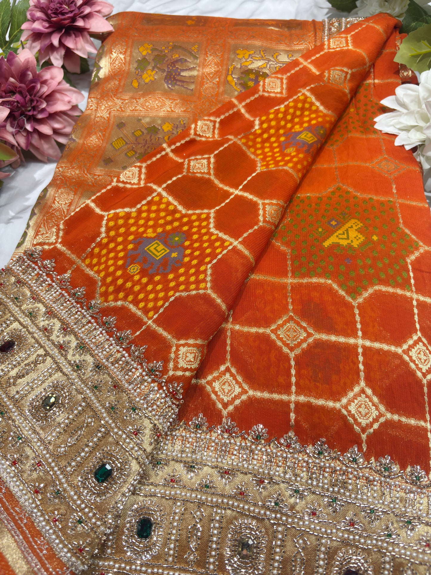 Grand Radiant Orange Saree with Gemstone Border