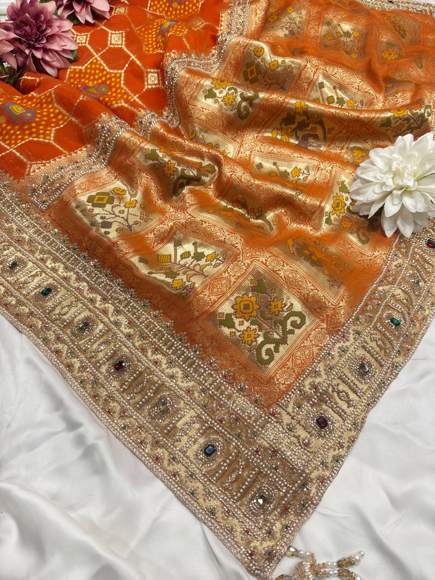 Grand Radiant Orange Saree with Gemstone Border