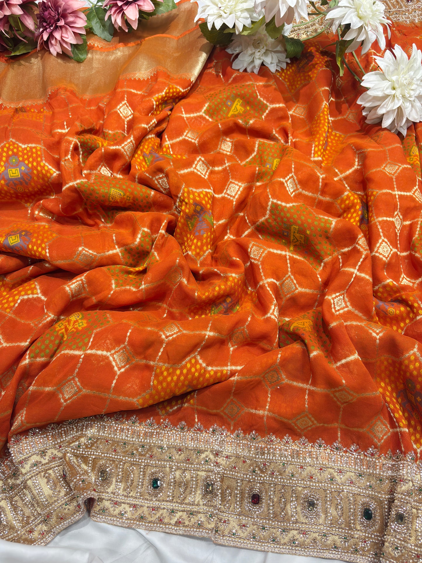 Grand Radiant Orange Saree with Gemstone Border