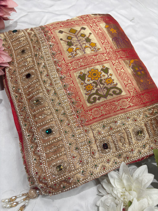 Grand Red Saree with Elephant Motifs & Gold Border