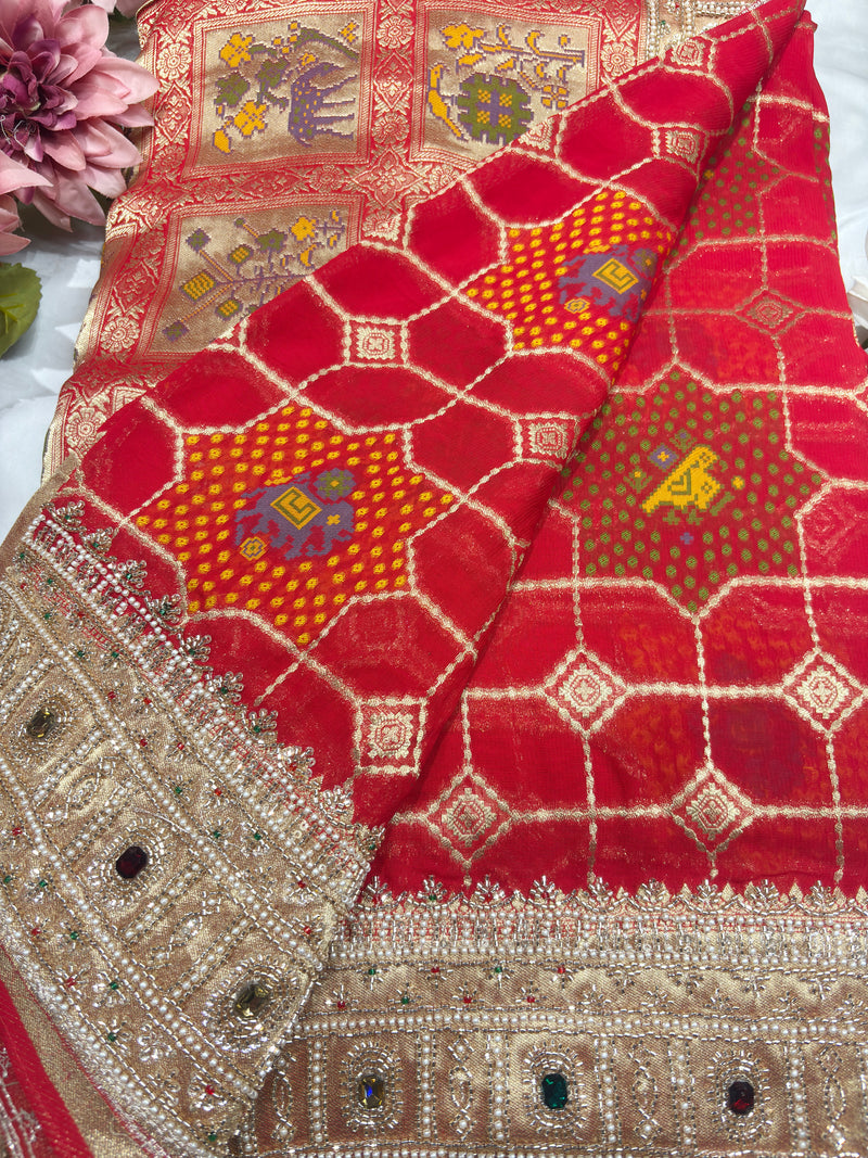 Grand Red Saree with Elephant Motifs & Gold Border