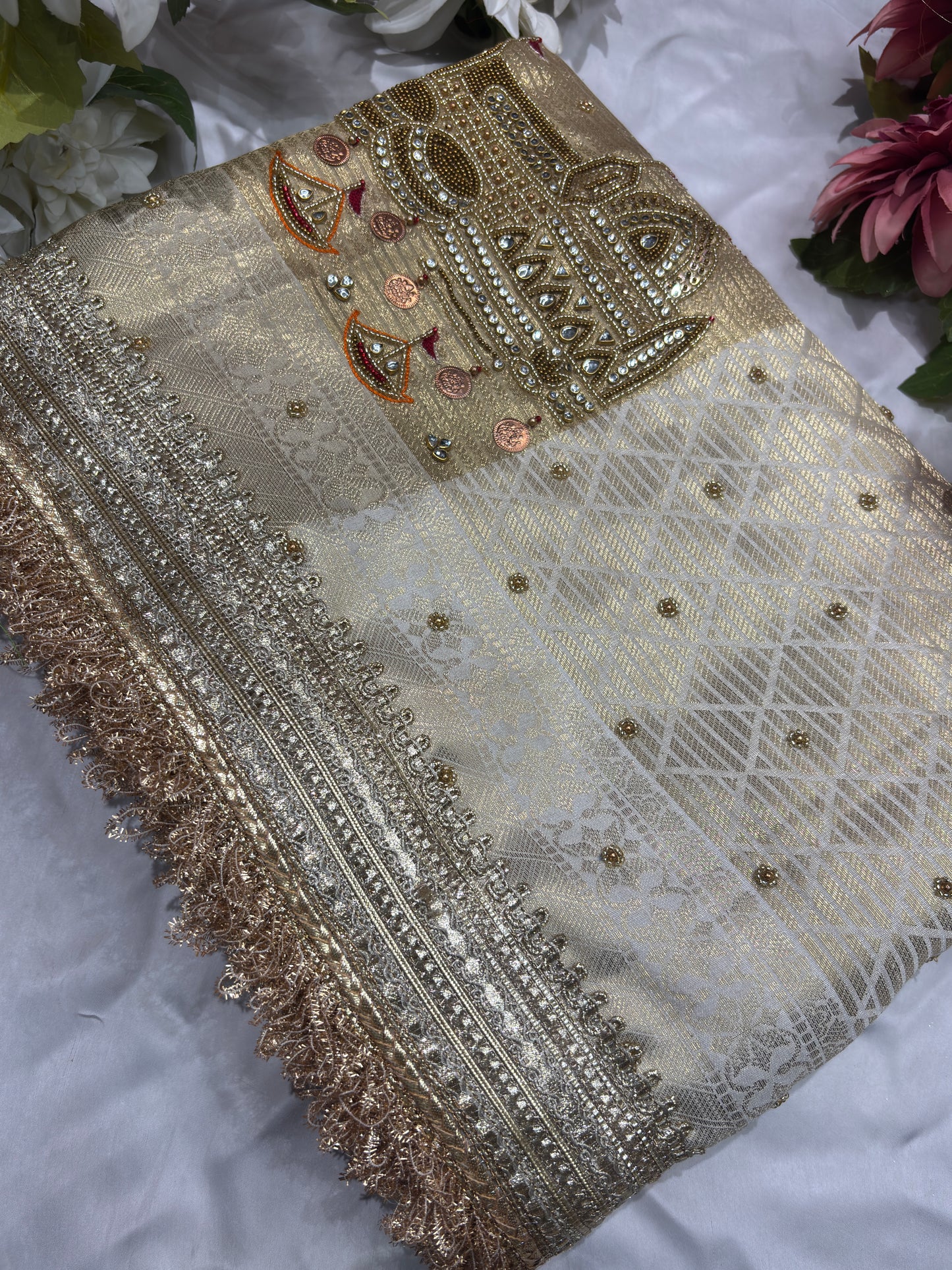 Ganga Ghat Golden Beige Saree with Mirror & Boat Motifs
