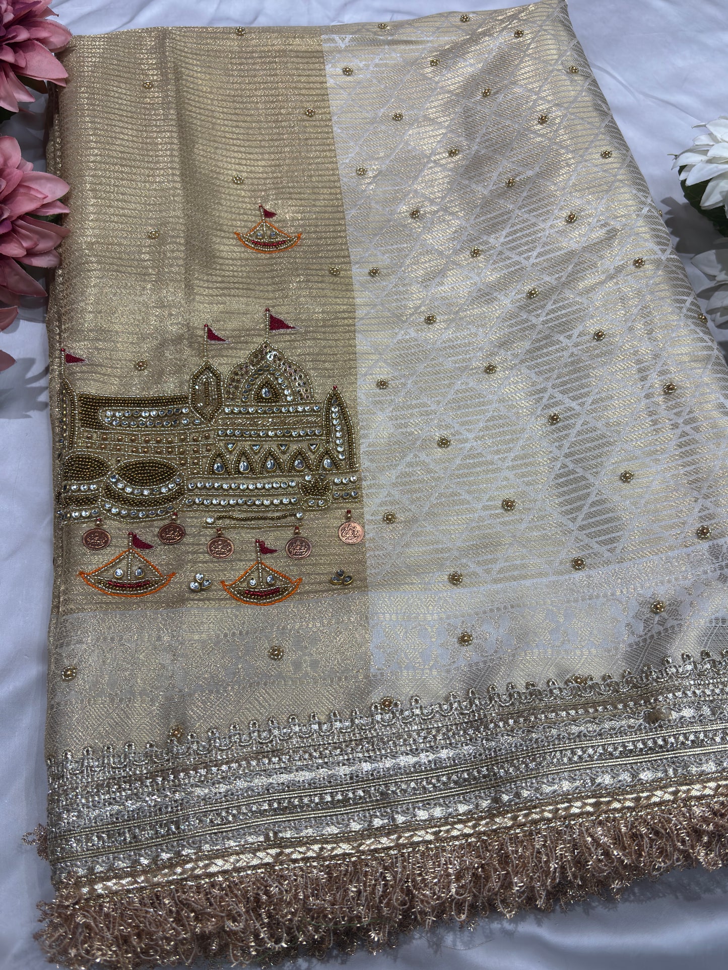 Ganga Ghat Golden Beige Saree with Mirror & Boat Motifs