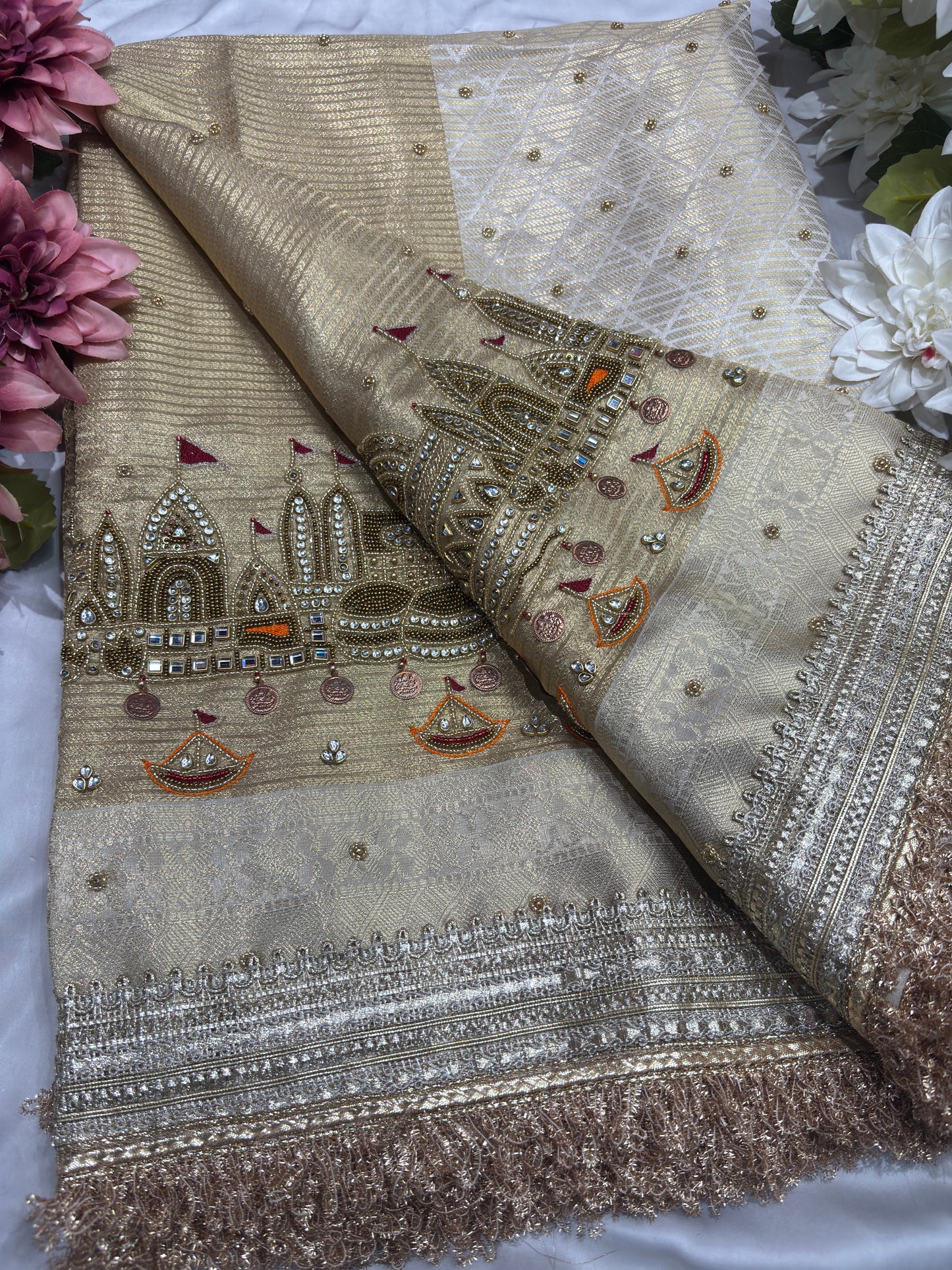 Ganga Ghat Golden Beige Saree with Mirror & Boat Motifs