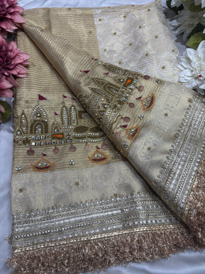 Ganga Ghat Golden Beige Saree with Mirror & Boat Motifs