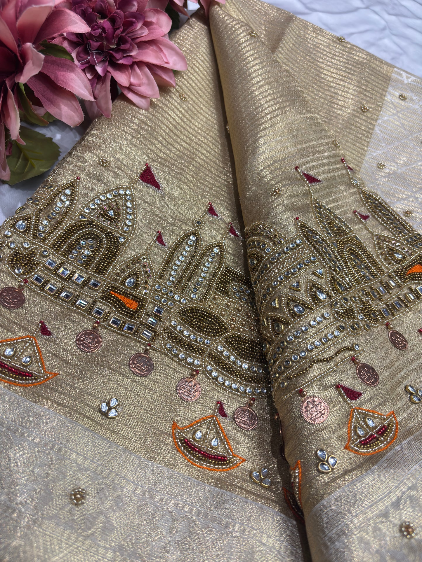 Ganga Ghat Golden Beige Saree with Mirror & Boat Motifs