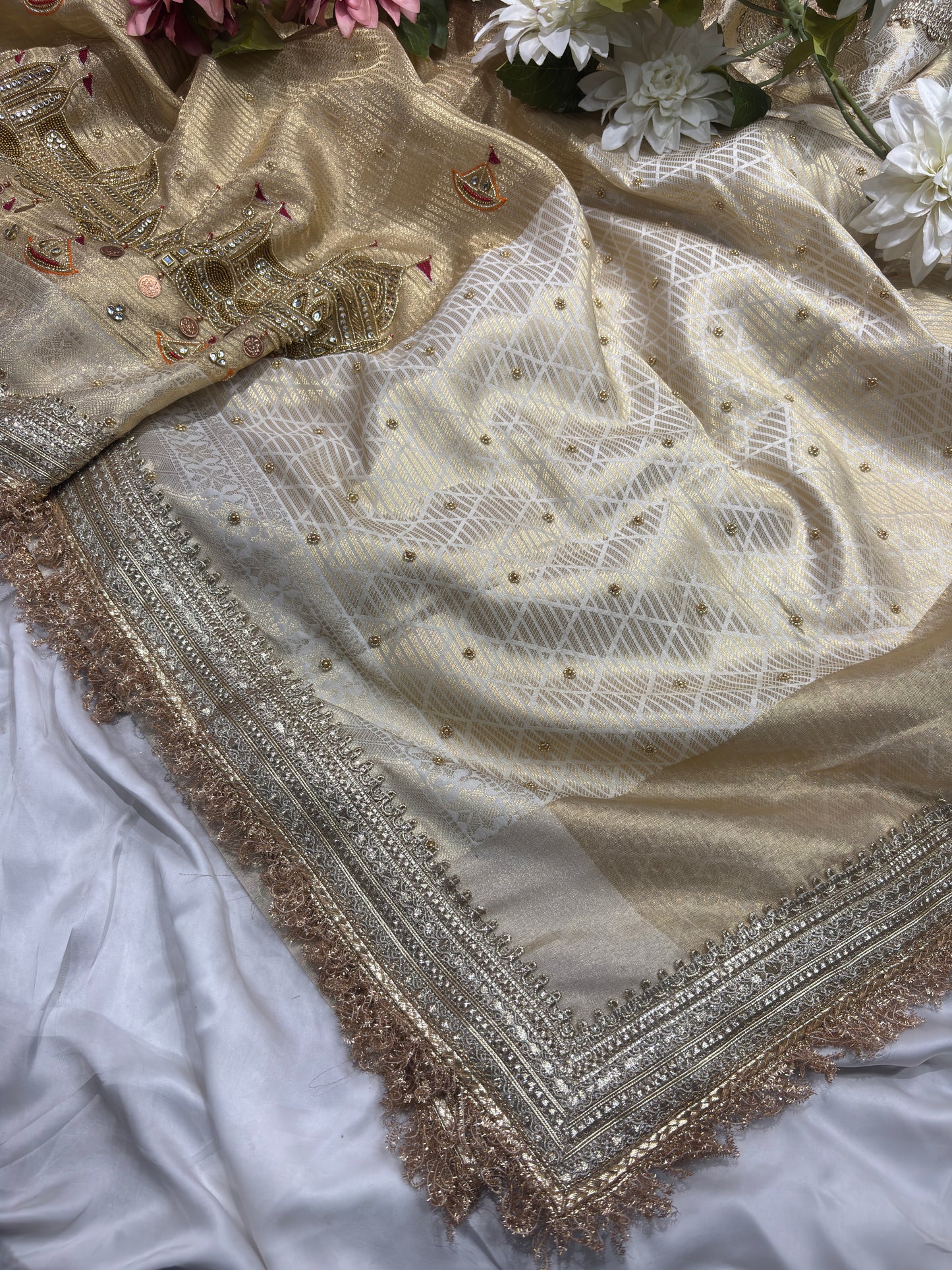 Ganga Ghat Golden Beige Saree with Mirror & Boat Motifs