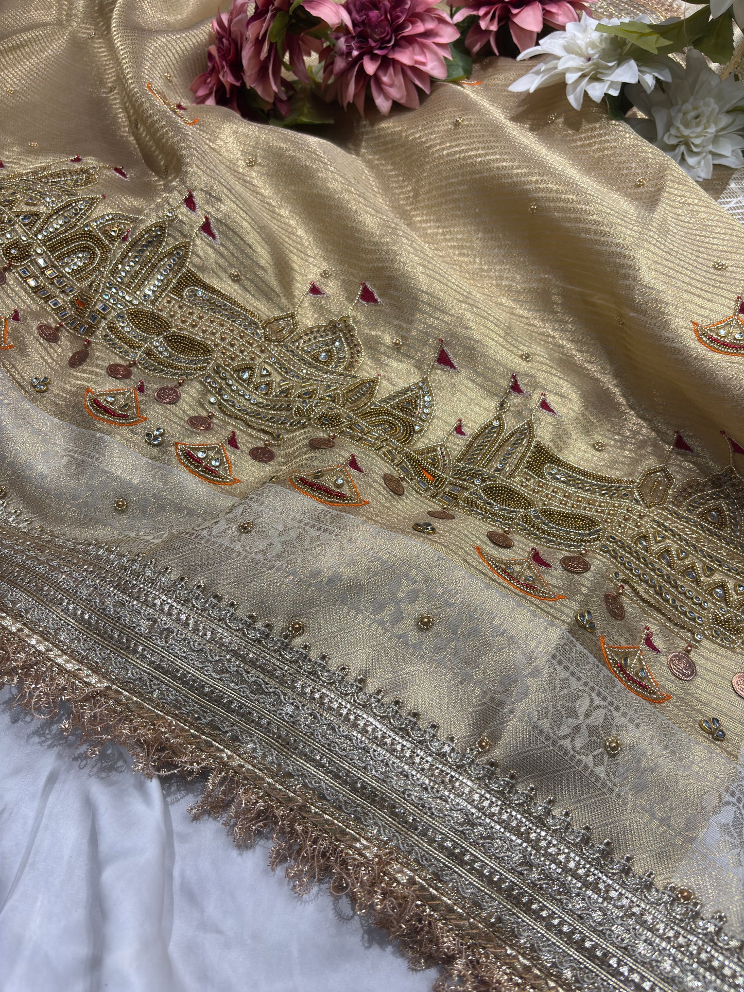 Ganga Ghat Golden Beige Saree with Mirror & Boat Motifs