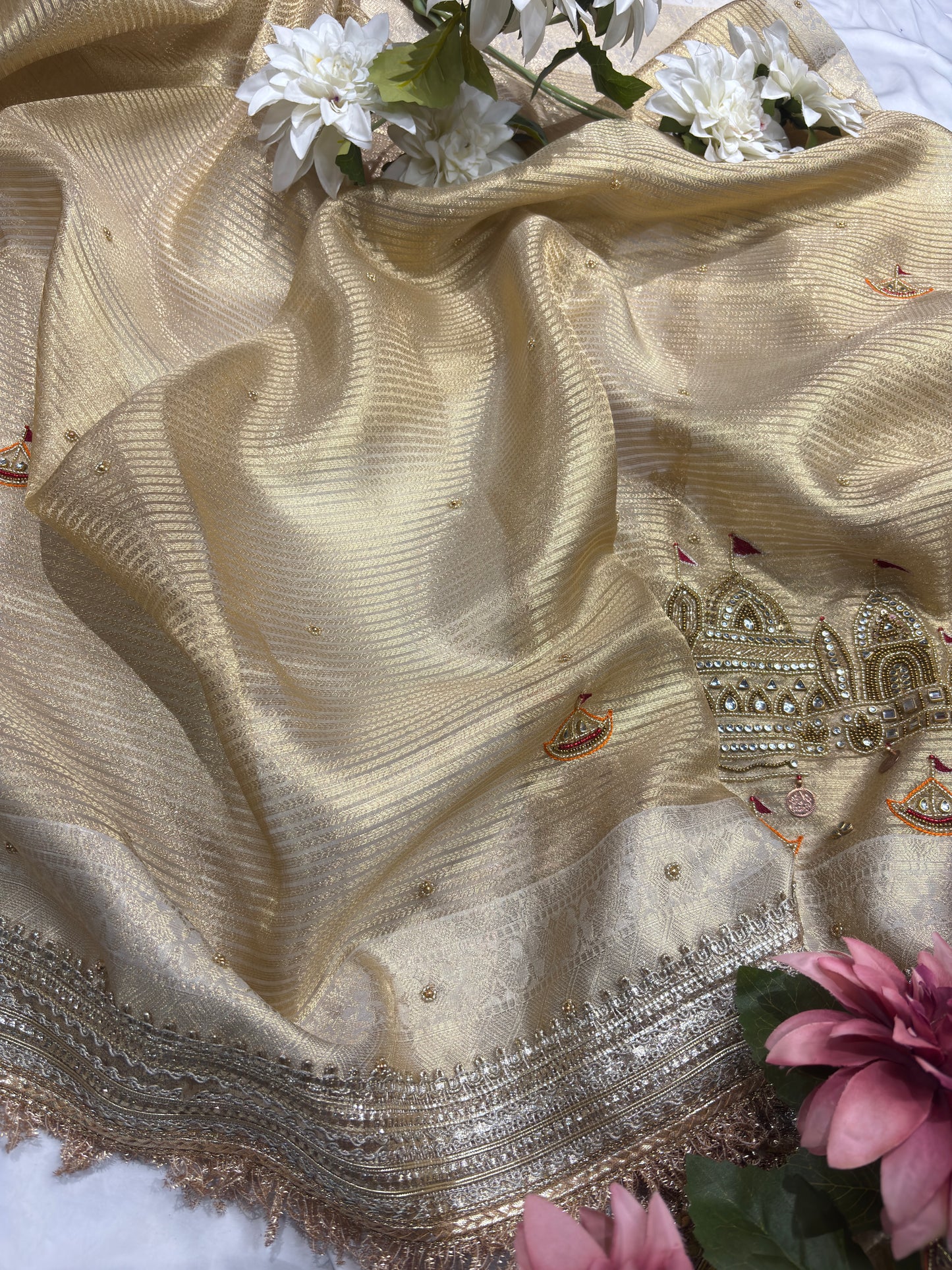 Ganga Ghat Golden Beige Saree with Mirror & Boat Motifs