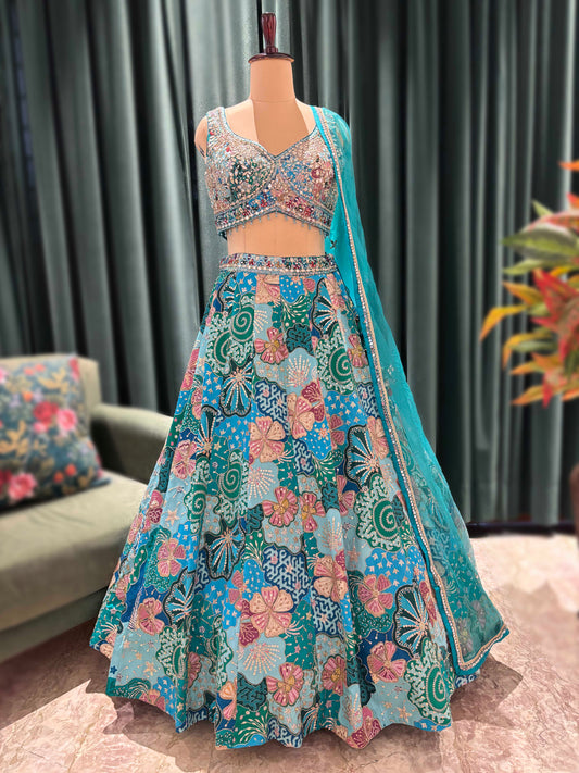 Teal Blue Multicolor Embroidered Lehenga Set