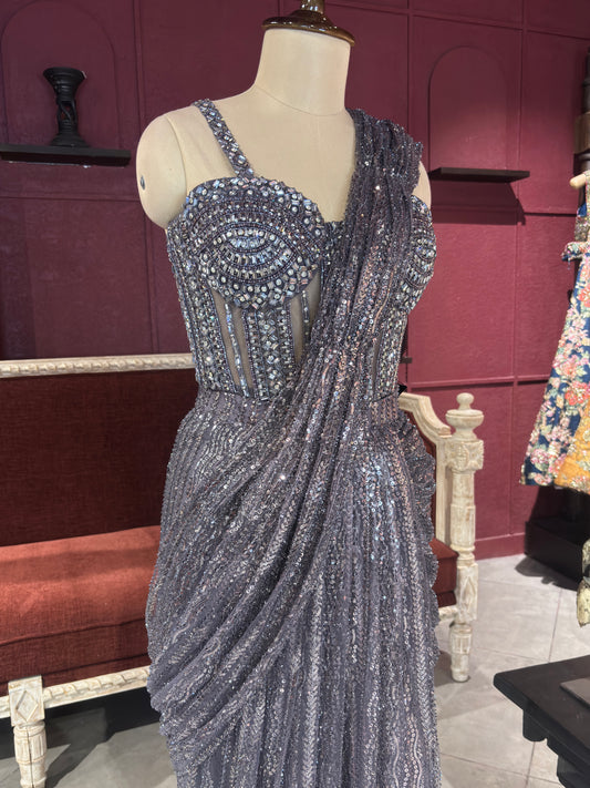 Powder Blue Grand Drape Sarees With Designer Blouse