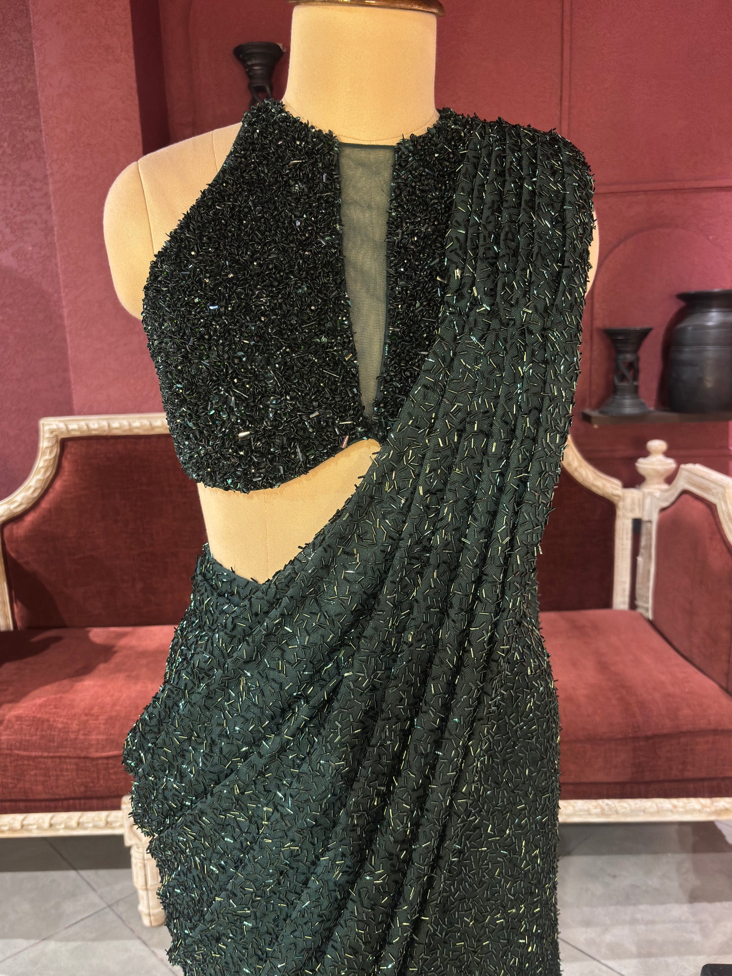 Designer Emerald Green Drape Saree With Designer Blouse