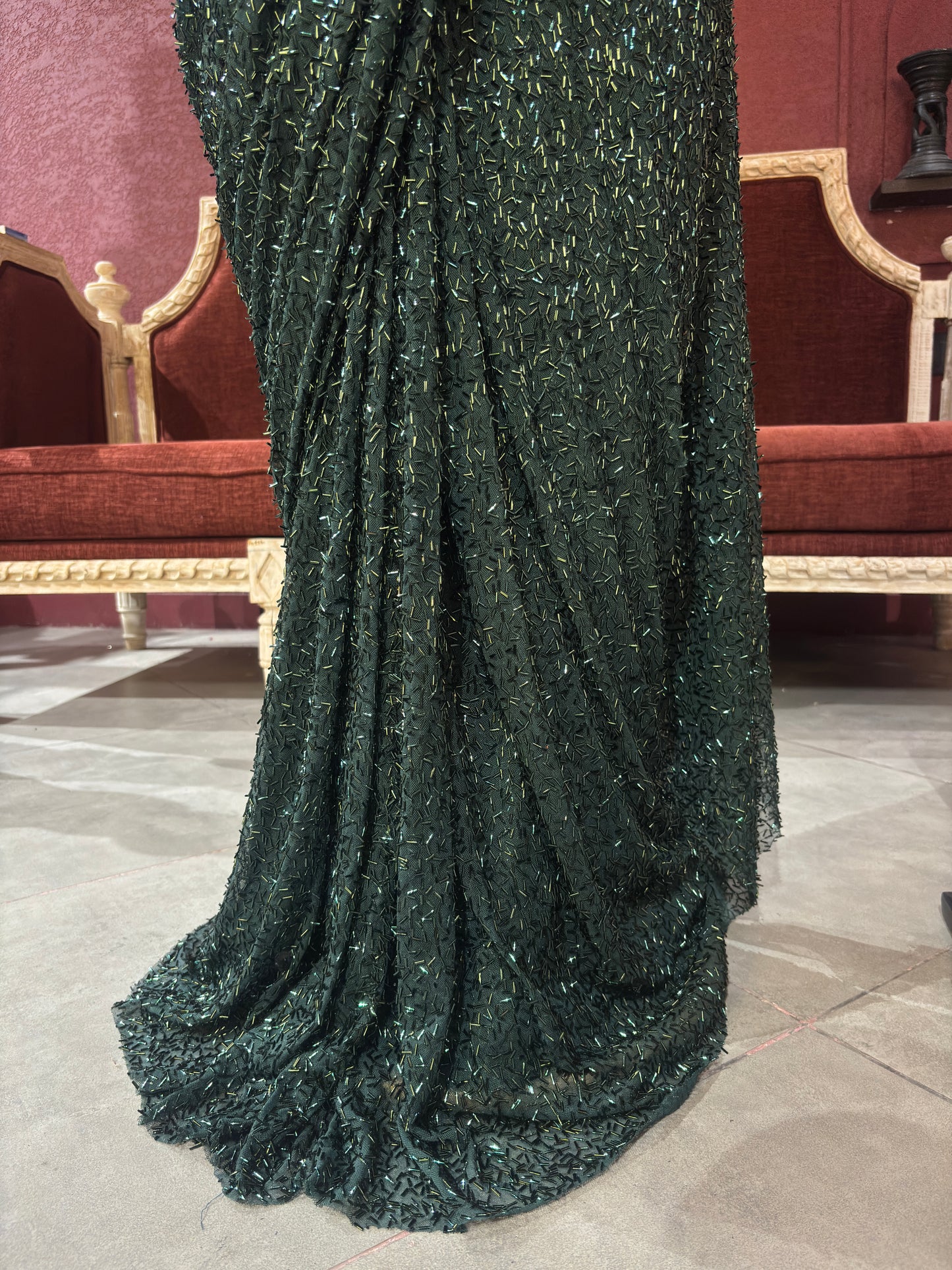 Designer Emerald Green Drape Saree With Designer Blouse