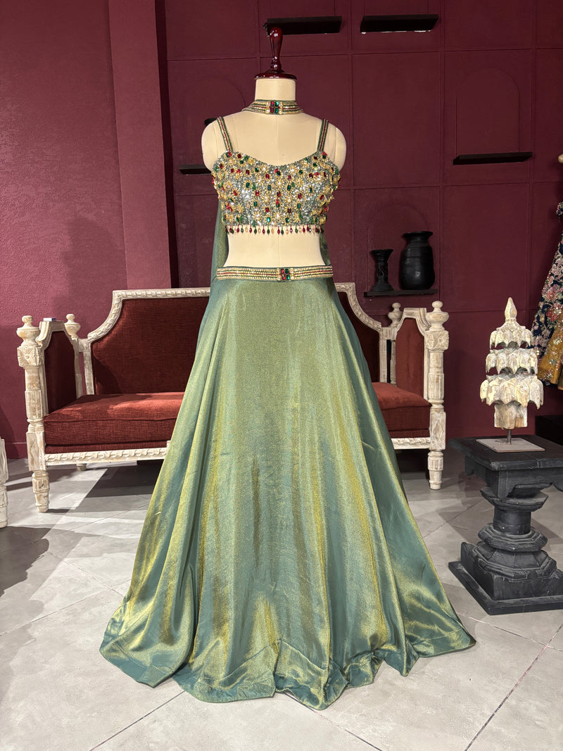 Emerald Green Lehenga with Gemstone Embellished Blouse