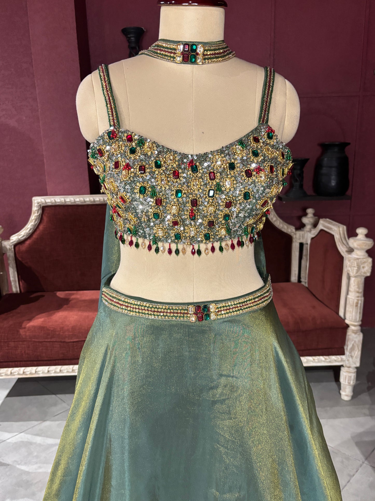 Emerald Green Lehenga with Gemstone Embellished Blouse