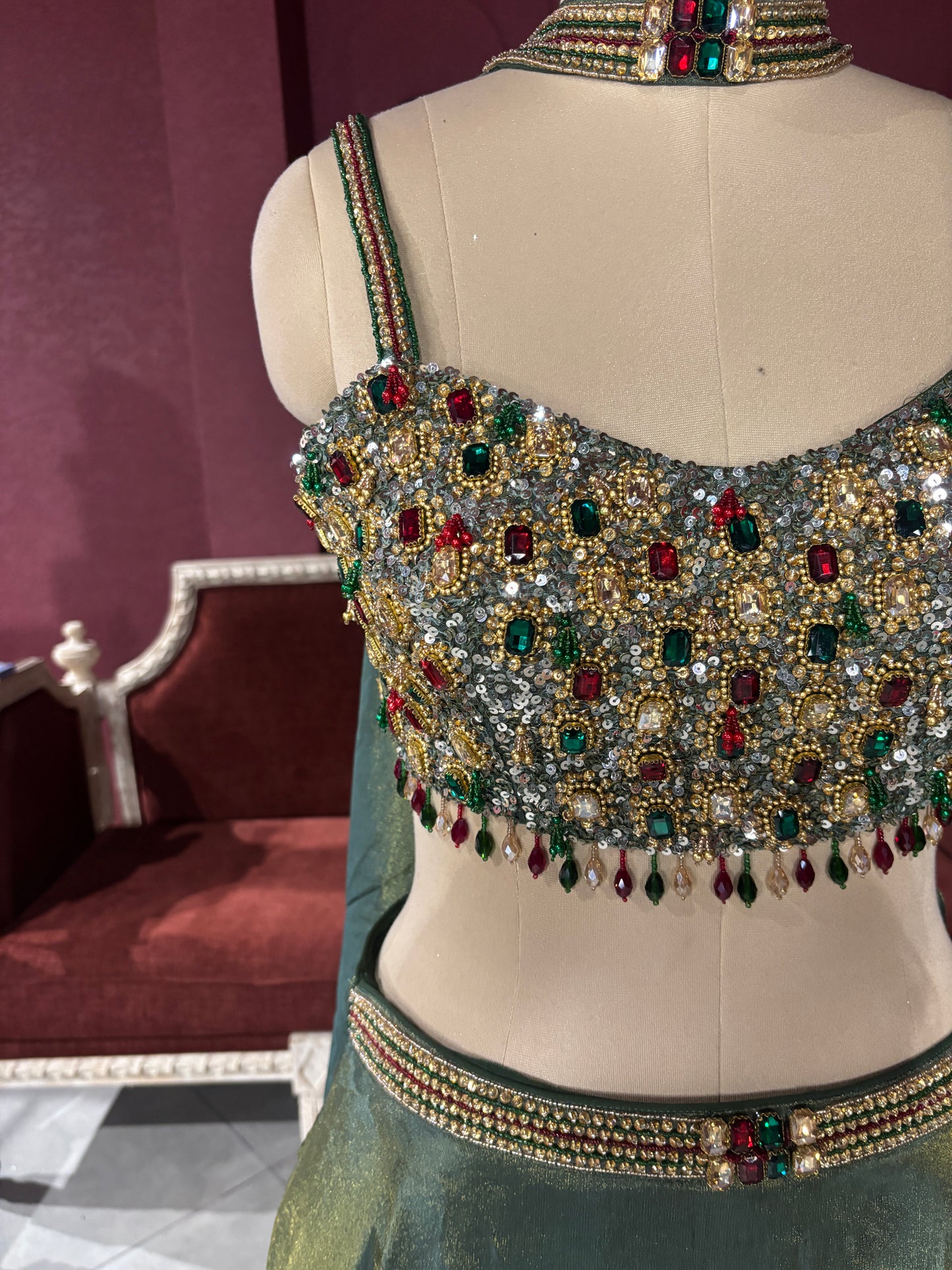 Emerald Green Lehenga with Gemstone Embellished Blouse